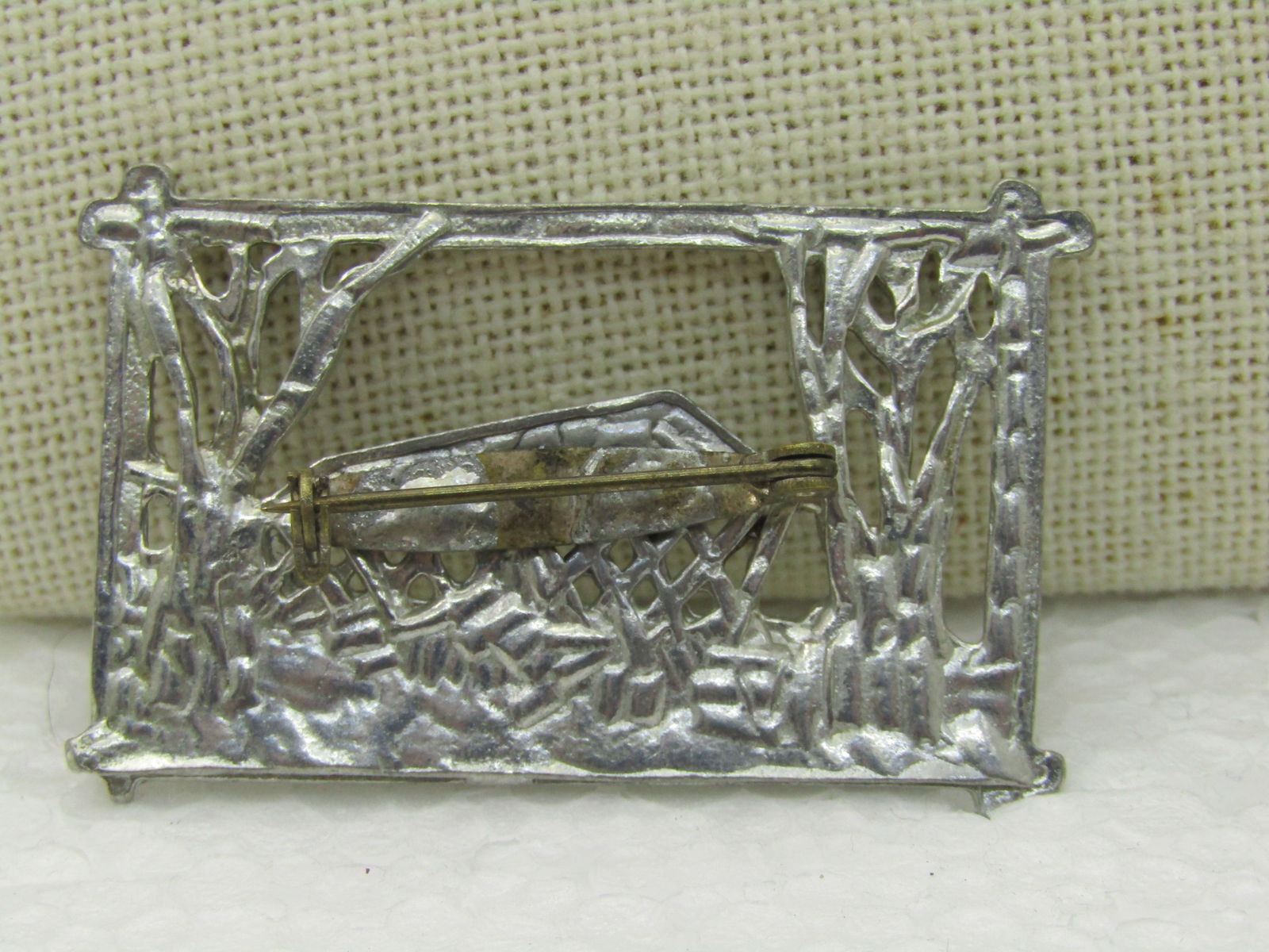 Vintage Winter Covered Bridge Brooch, Silver Tone, 2" - 4