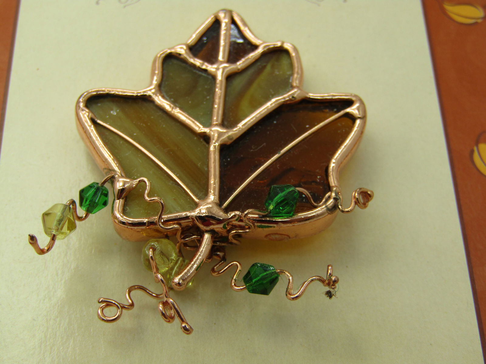 Vintage Autumn Leaves Stained Glass Brooch, by Ganz, Vintage New on Card - 2