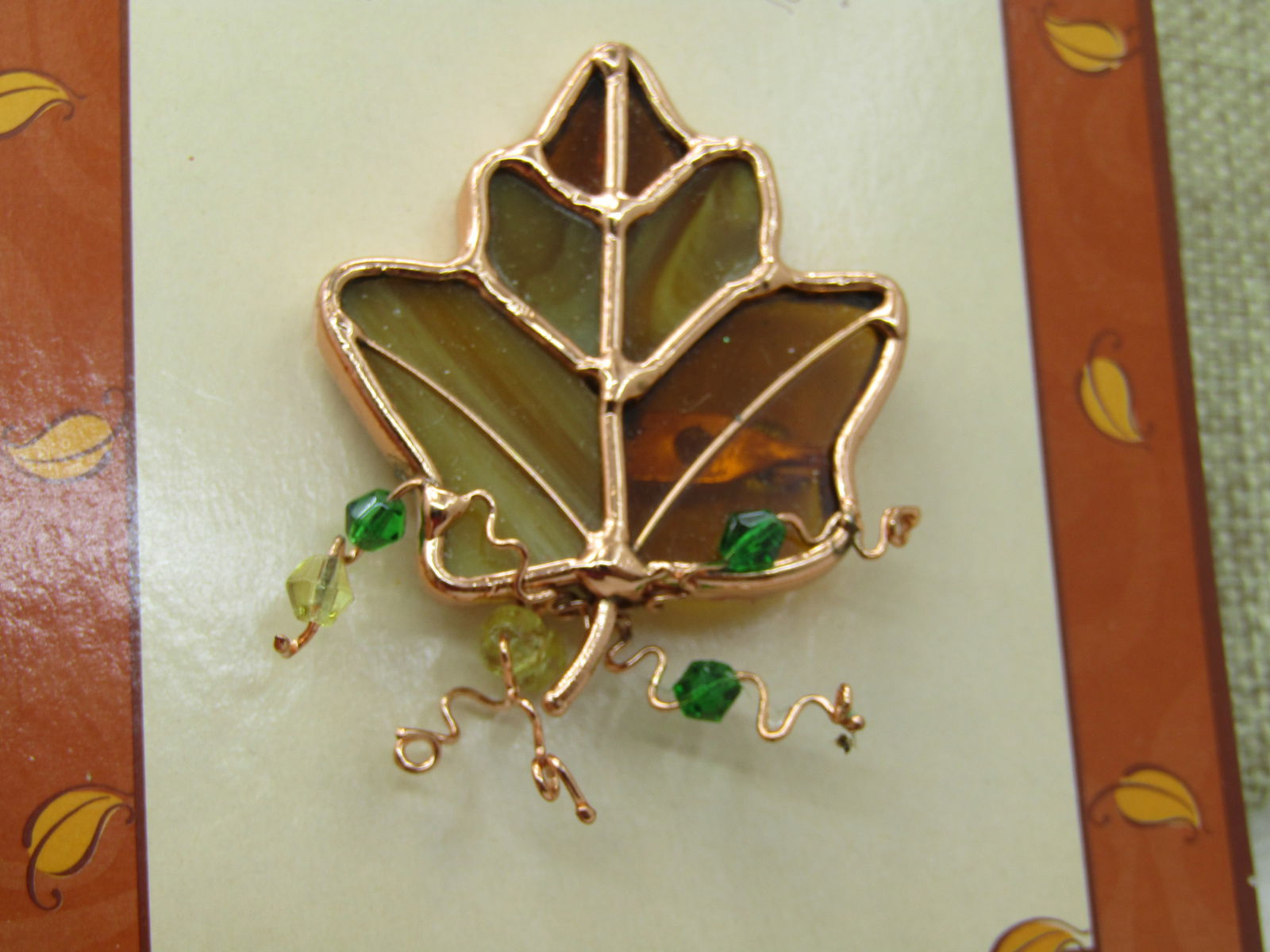 Vintage Autumn Leaves Stained Glass Brooch, by Ganz, Vintage New on Card - 3