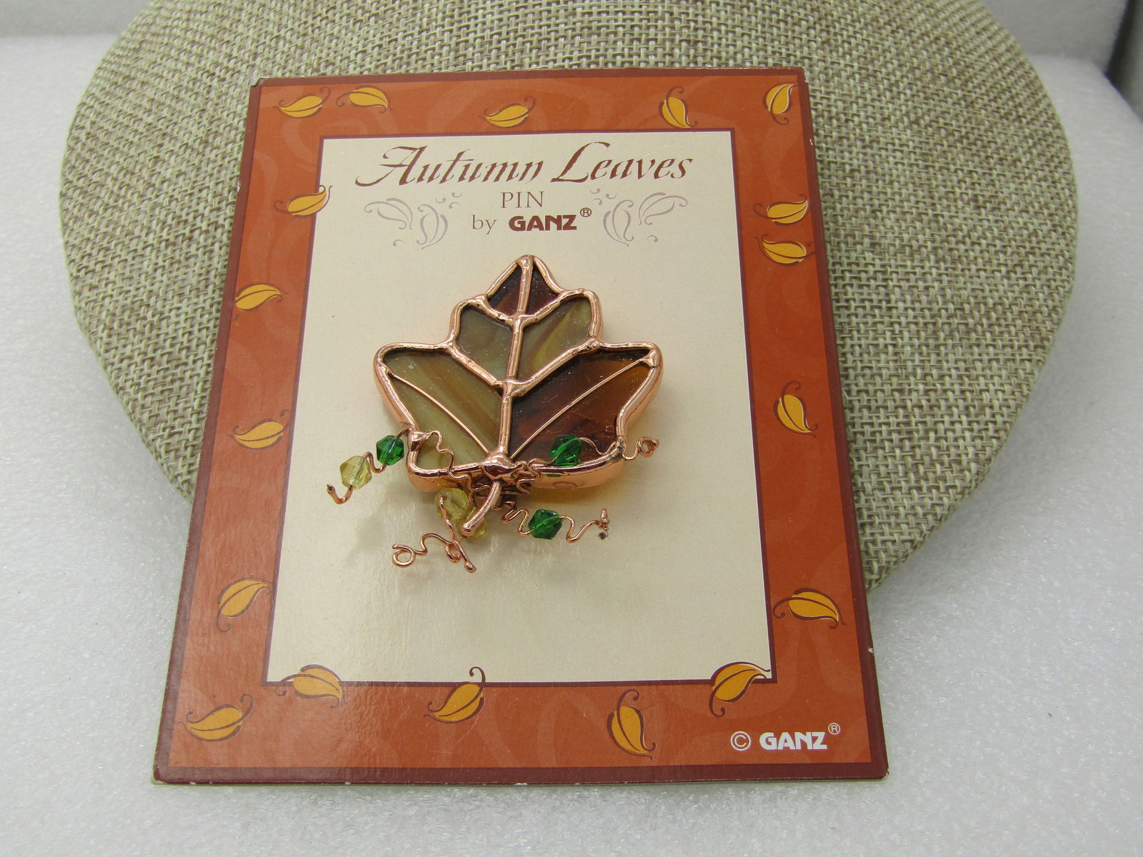 Vintage Autumn Leaves Stained Glass Brooch, by Ganz, Vintage New on Card - 4
