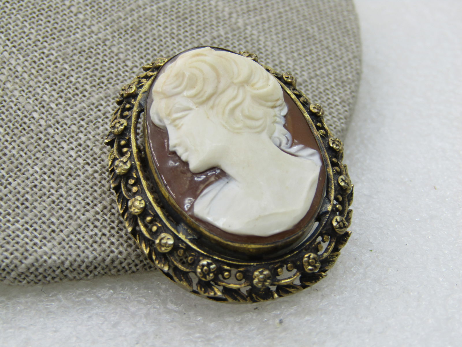 Vintage .800 Silver Cameo Pendant/Brooch, Gold over, Rose Frame, 1-7/8" - 2