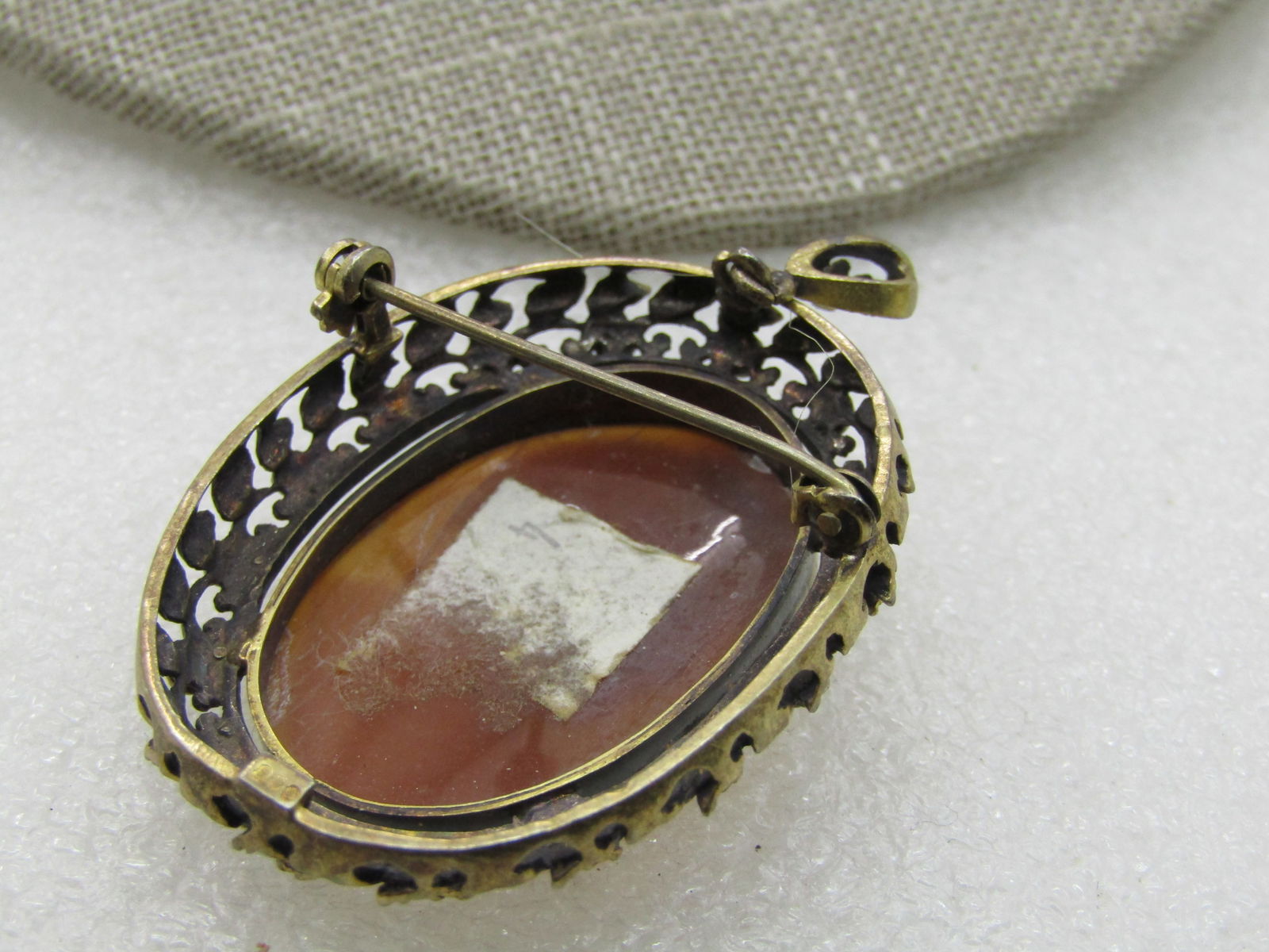 Vintage .800 Silver Cameo Pendant/Brooch, Gold over, Rose Frame, 1-7/8" - 4