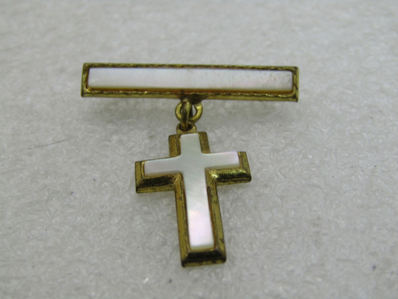 Vintage MOP Dangling Cross Bar Brooch, 1" by 1.25", Gold Tone, NL - 2