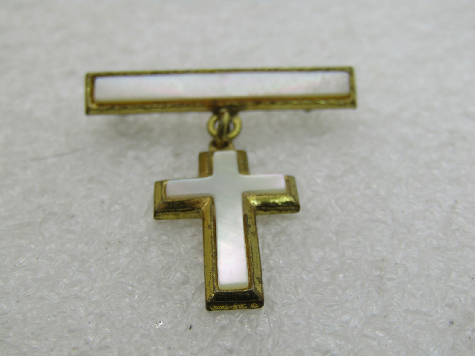 Vintage MOP Dangling Cross Bar Brooch, 1" by 1.25", Gold Tone, NL - 3