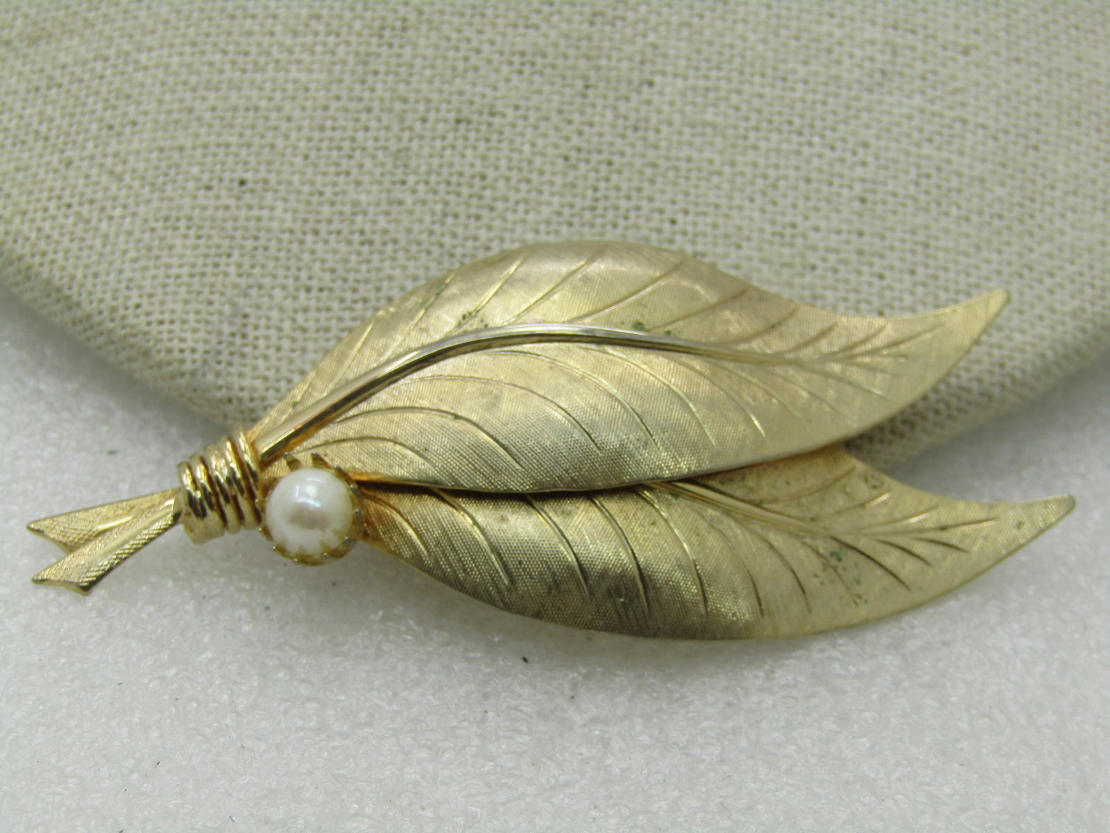 Vintage Double Leaf Faux Pearl Brooch, 1960's-1970's, 3" - 2