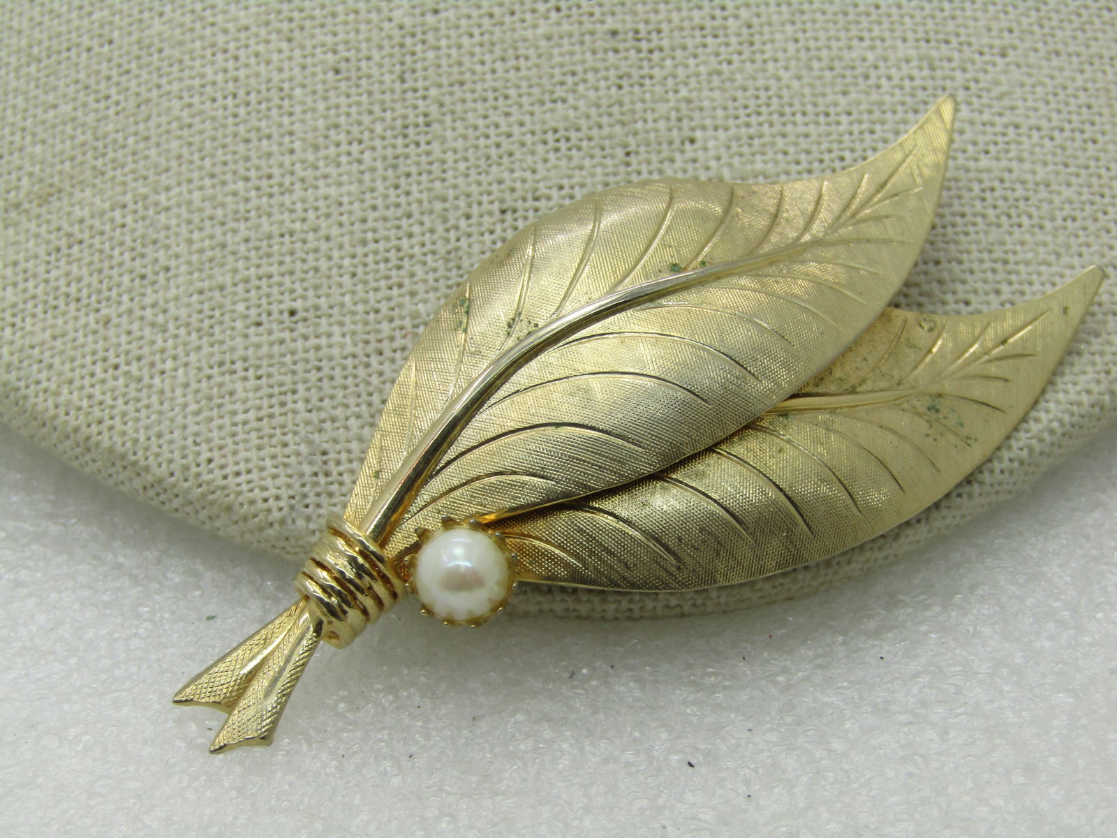 Vintage Double Leaf Faux Pearl Brooch, 1960's-1970's, 3" - 4