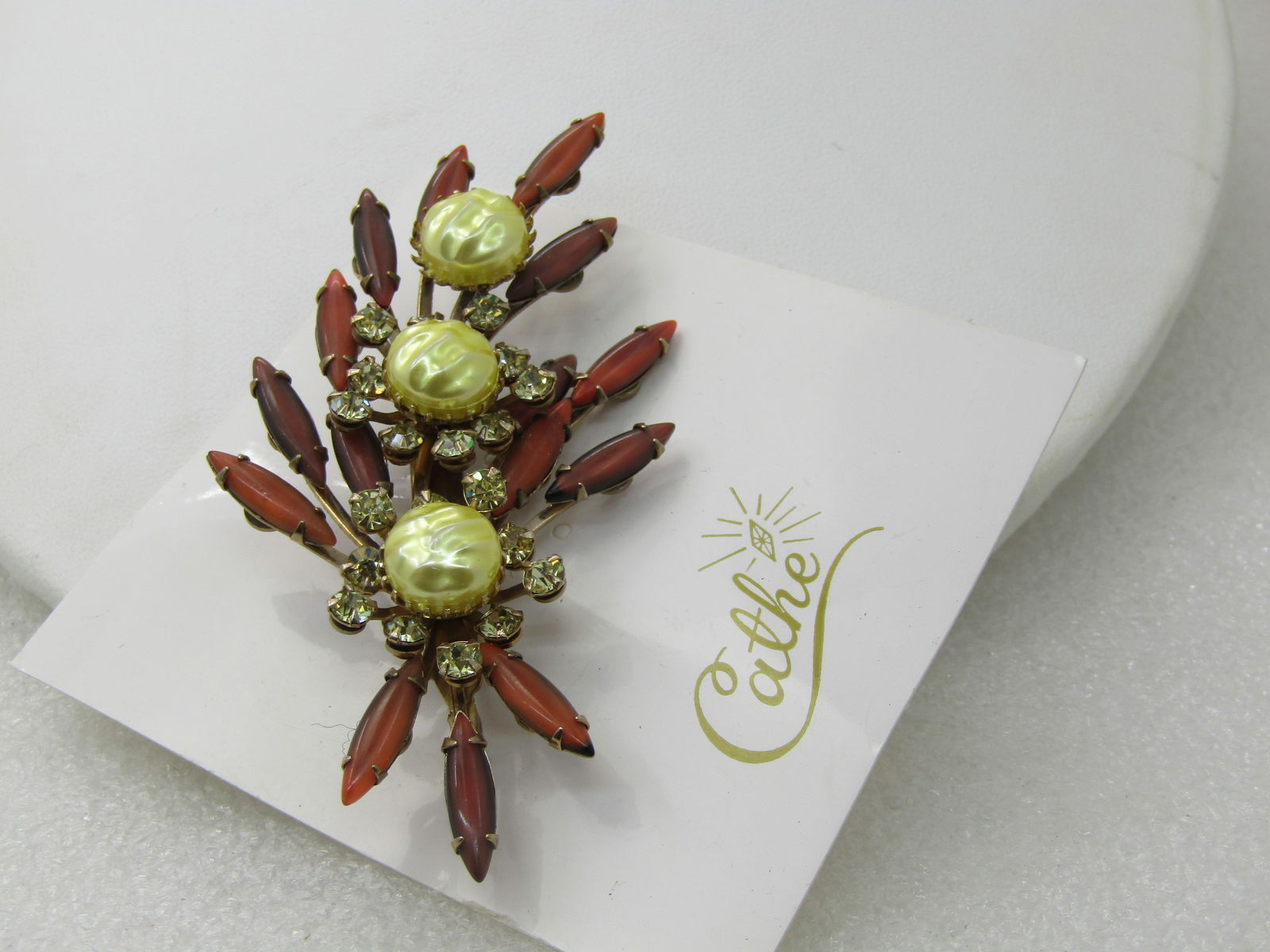 Vintage Cathe Signed Rhinestone Brooch, On Original Card, 3.25" - 2