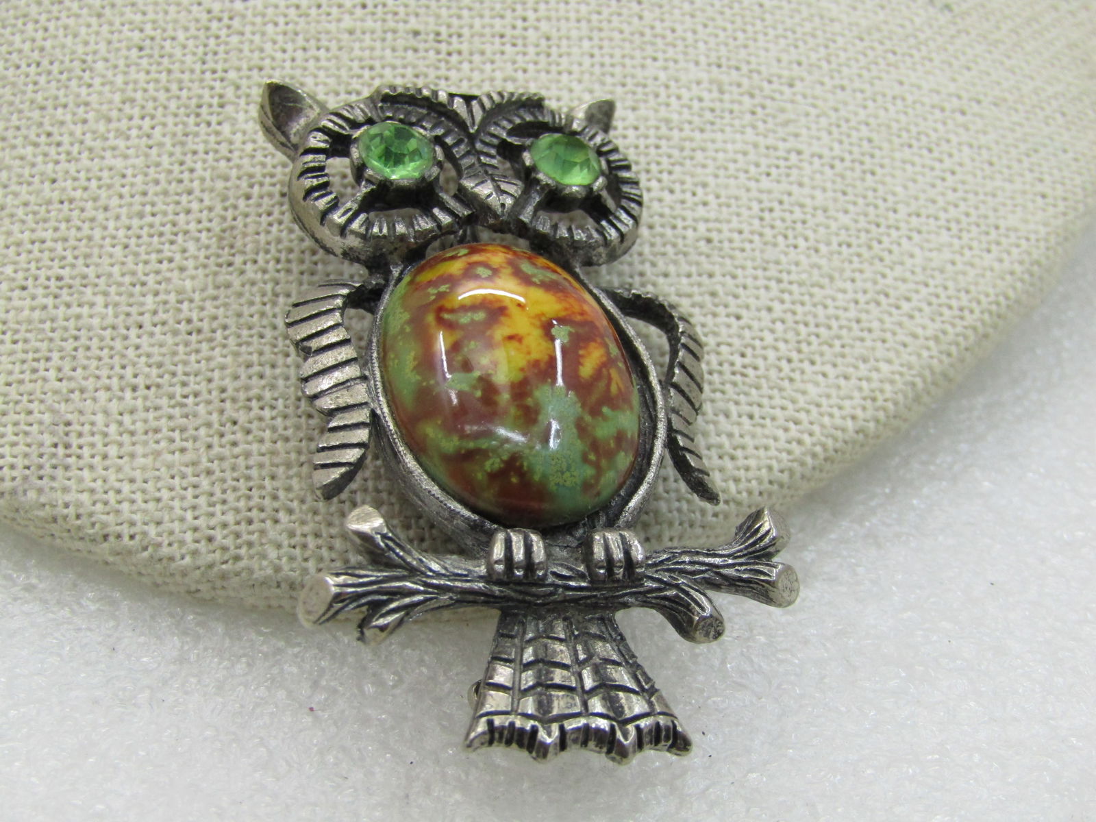 Vintage Rhinestone & Faux Agate Owl Brooch, Pewter Tone, 1960's-1970's - 2