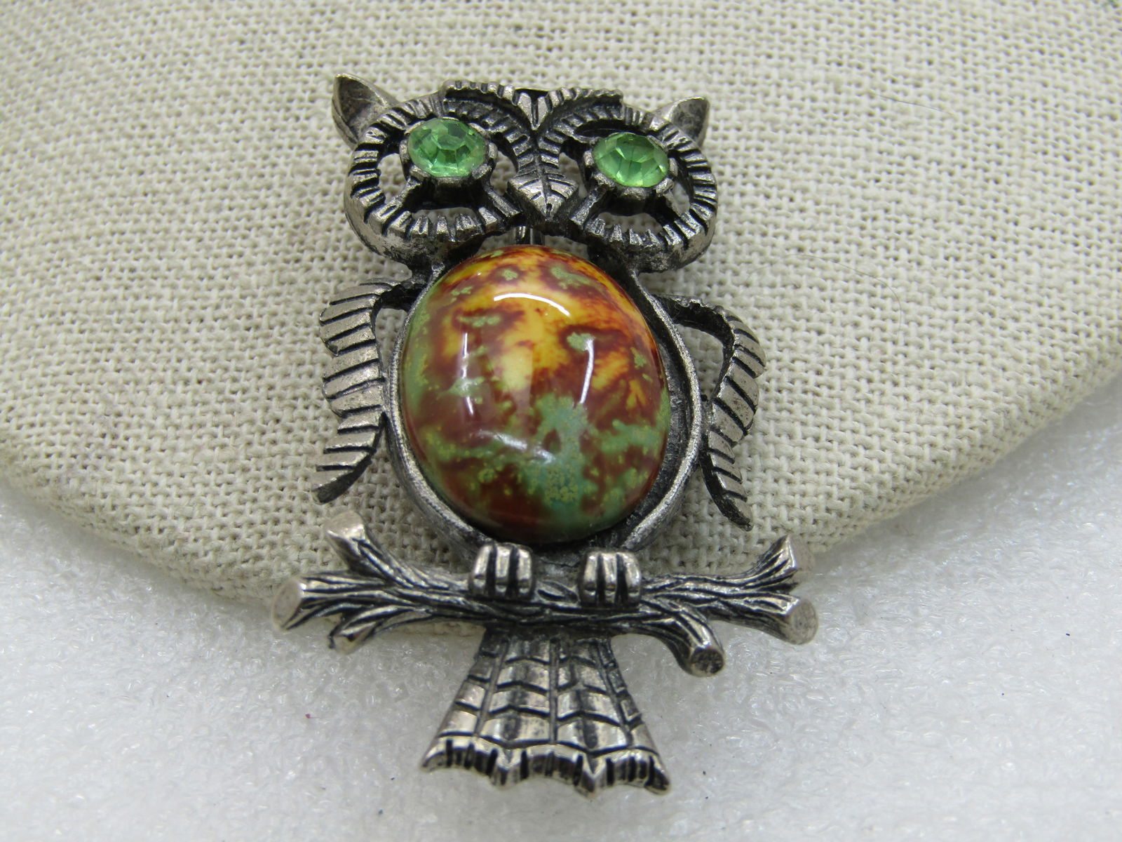 Vintage Rhinestone & Faux Agate Owl Brooch, Pewter Tone, 1960's-1970's - 3
