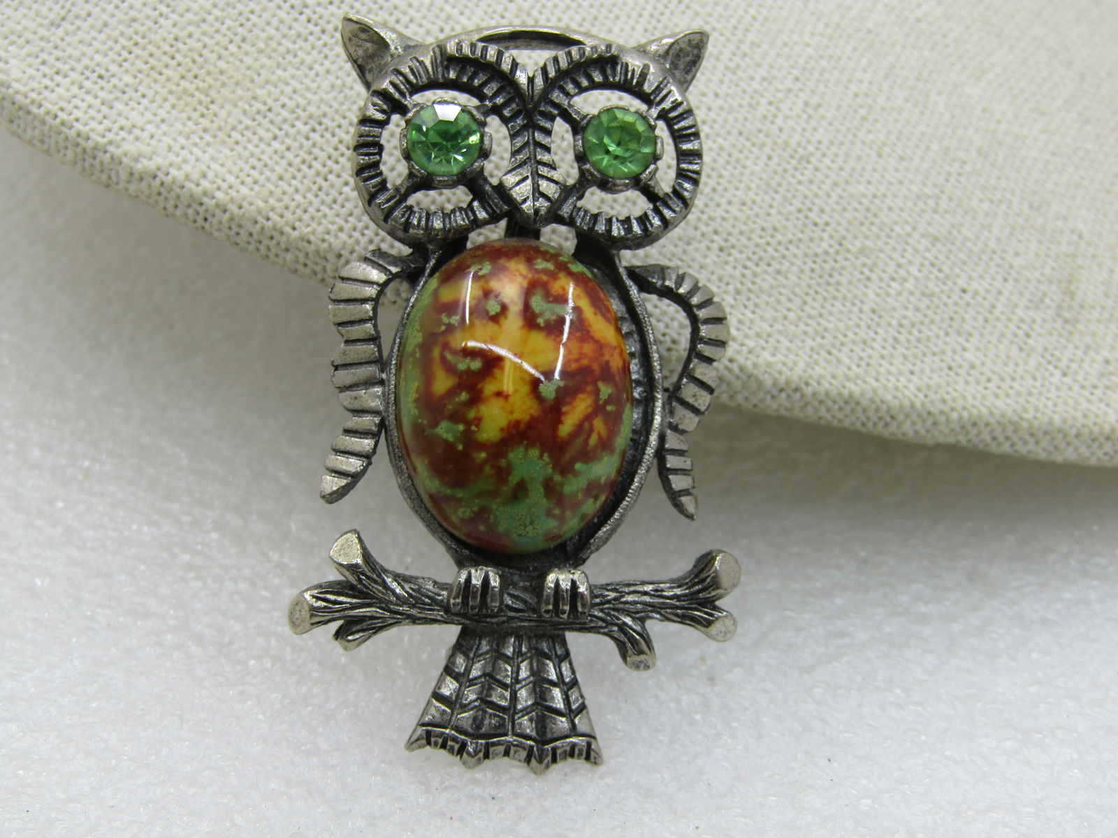Vintage Rhinestone & Faux Agate Owl Brooch, Pewter Tone, 1960's-1970's - 4