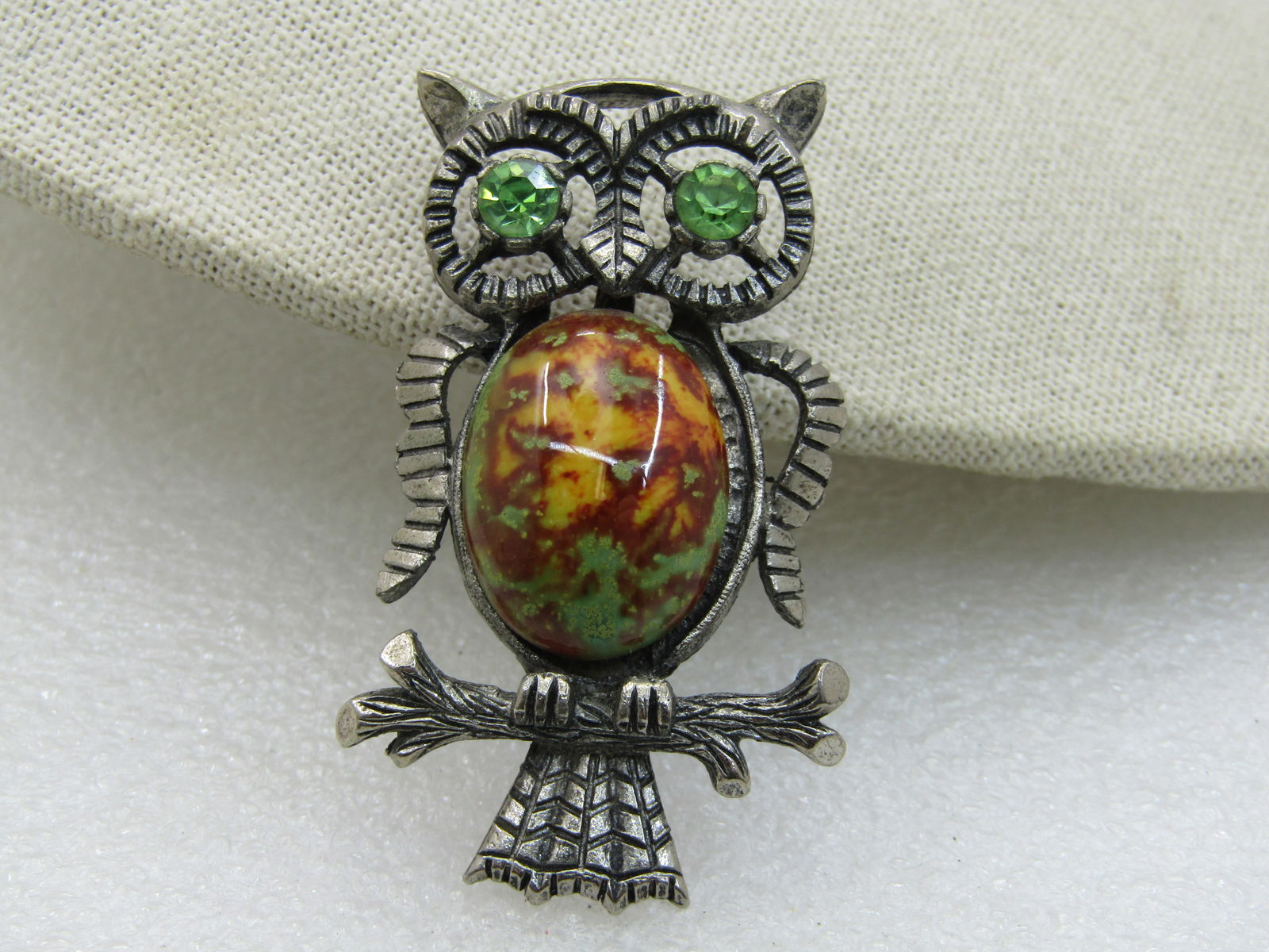 Vintage Rhinestone & Faux Agate Owl Brooch, Pewter Tone, 1960's-1970's - 5