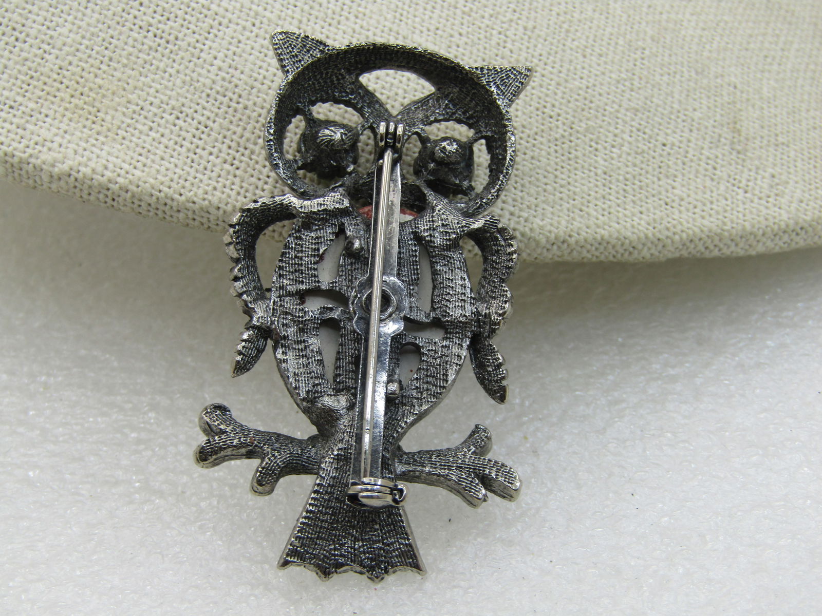 Vintage Rhinestone & Faux Agate Owl Brooch, Pewter Tone, 1960's-1970's - 6