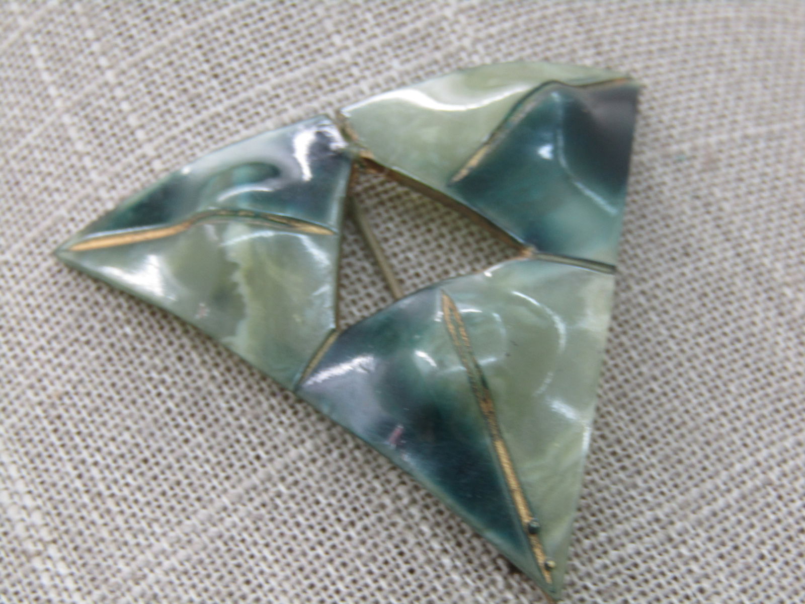 Victorian Green Celluloid Brooch, Triangular, 2.25", C-Clasp - 2