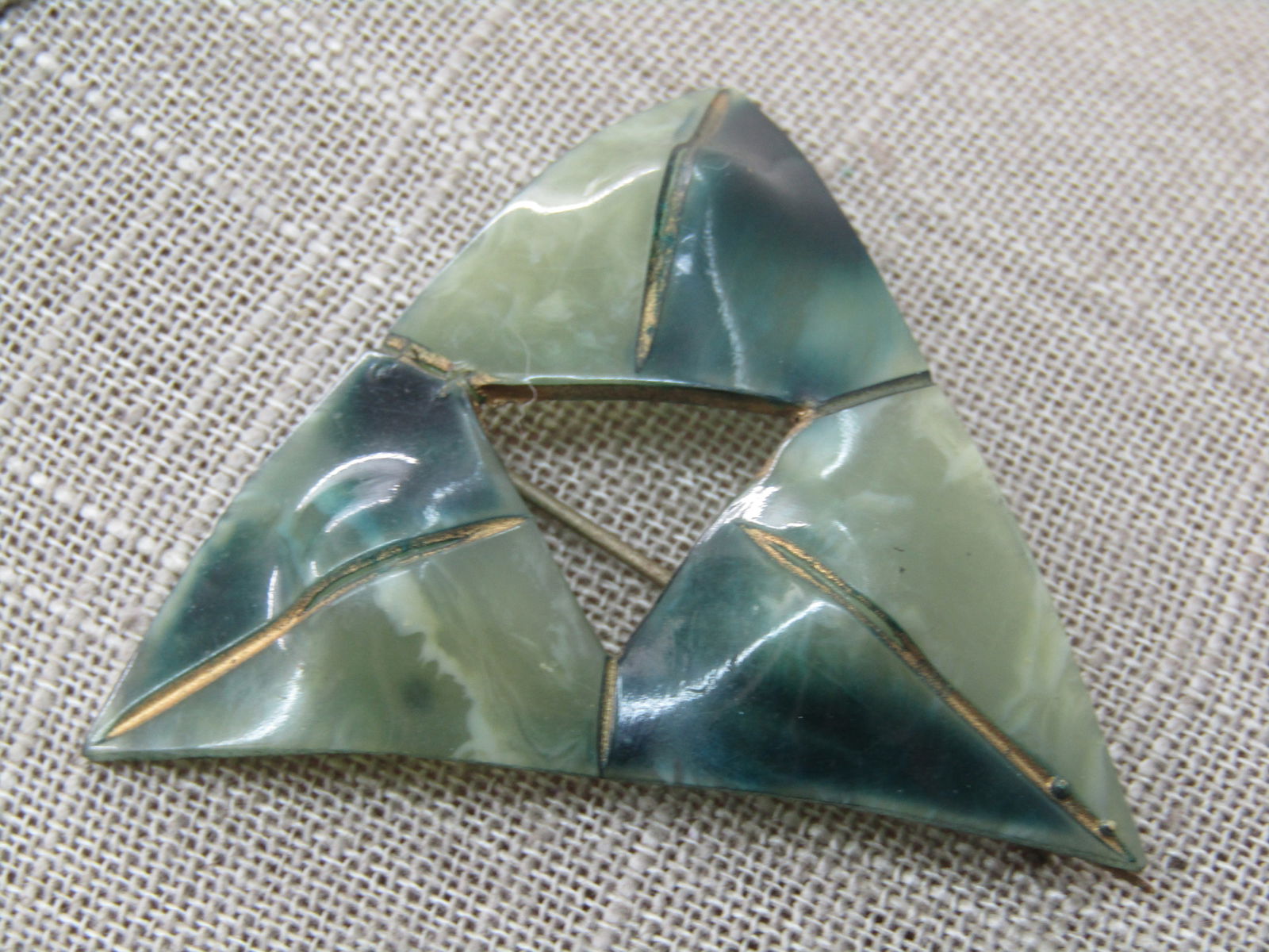 Victorian Green Celluloid Brooch, Triangular, 2.25", C-Clasp - 3