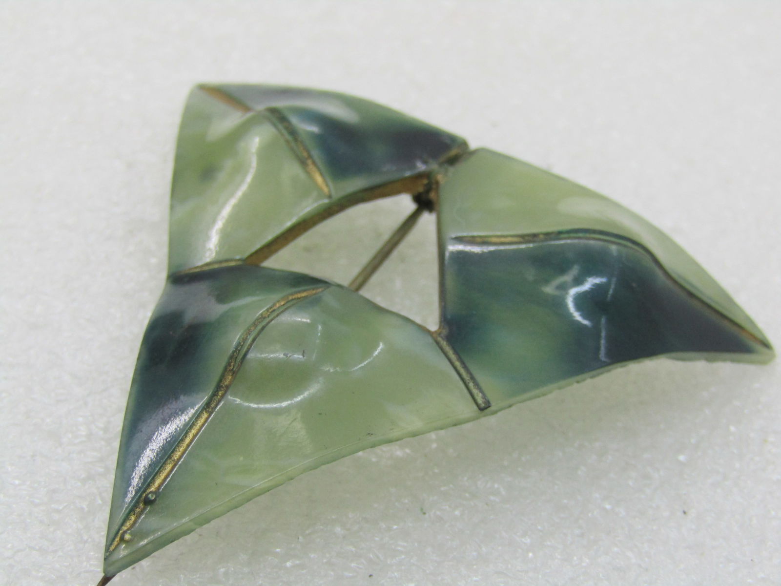 Victorian Green Celluloid Brooch, Triangular, 2.25", C-Clasp - 4