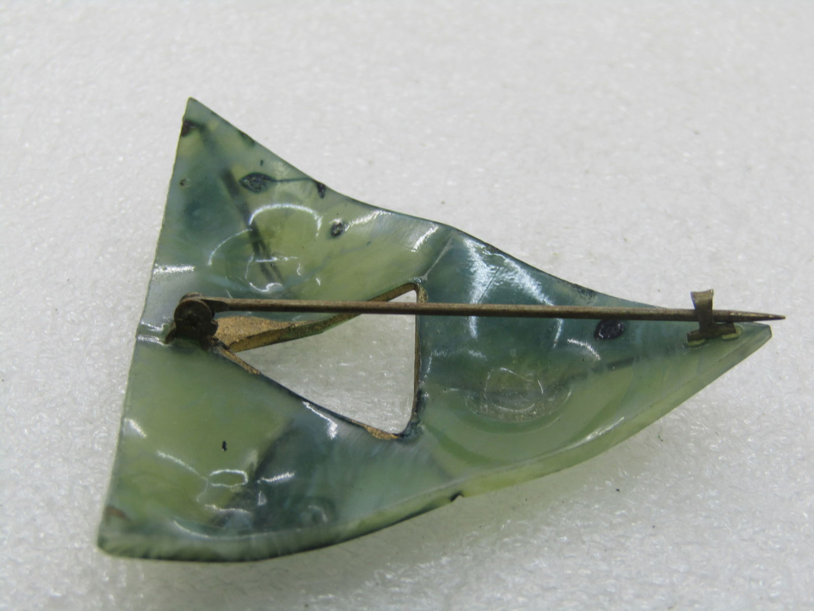 Victorian Green Celluloid Brooch, Triangular, 2.25", C-Clasp - 6