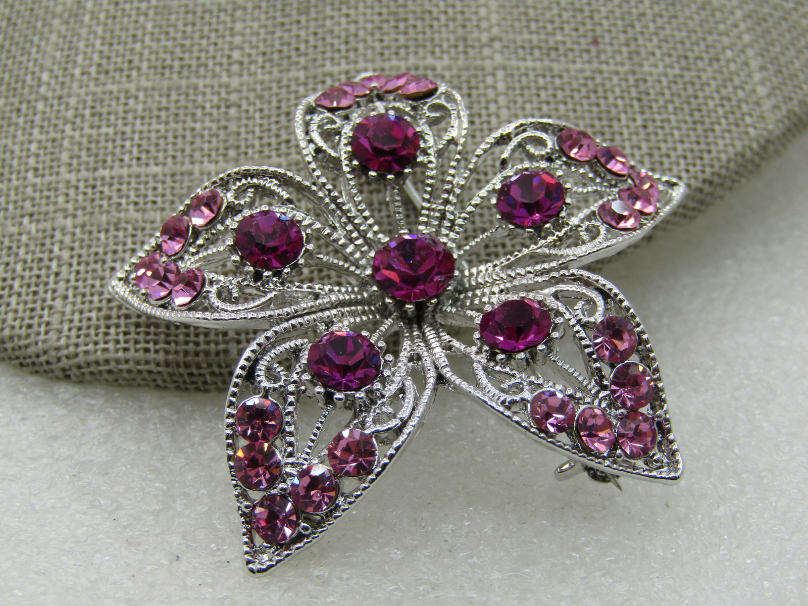 Pink Rhinestone Filigree Floral Brooch, 2" - 3