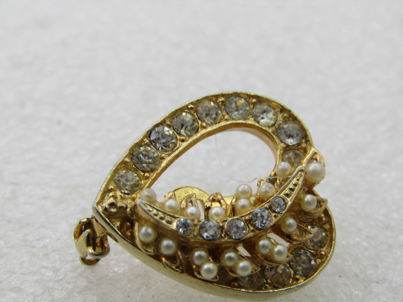 Vintage Rhinestone & Faux Pearl Heart Brooch, 1960's-1970's - 2