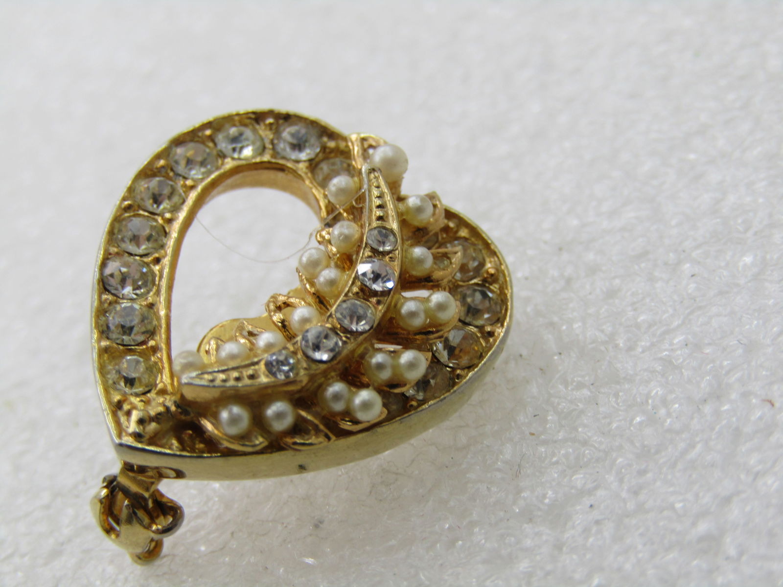 Vintage Rhinestone & Faux Pearl Heart Brooch, 1960's-1970's - 3