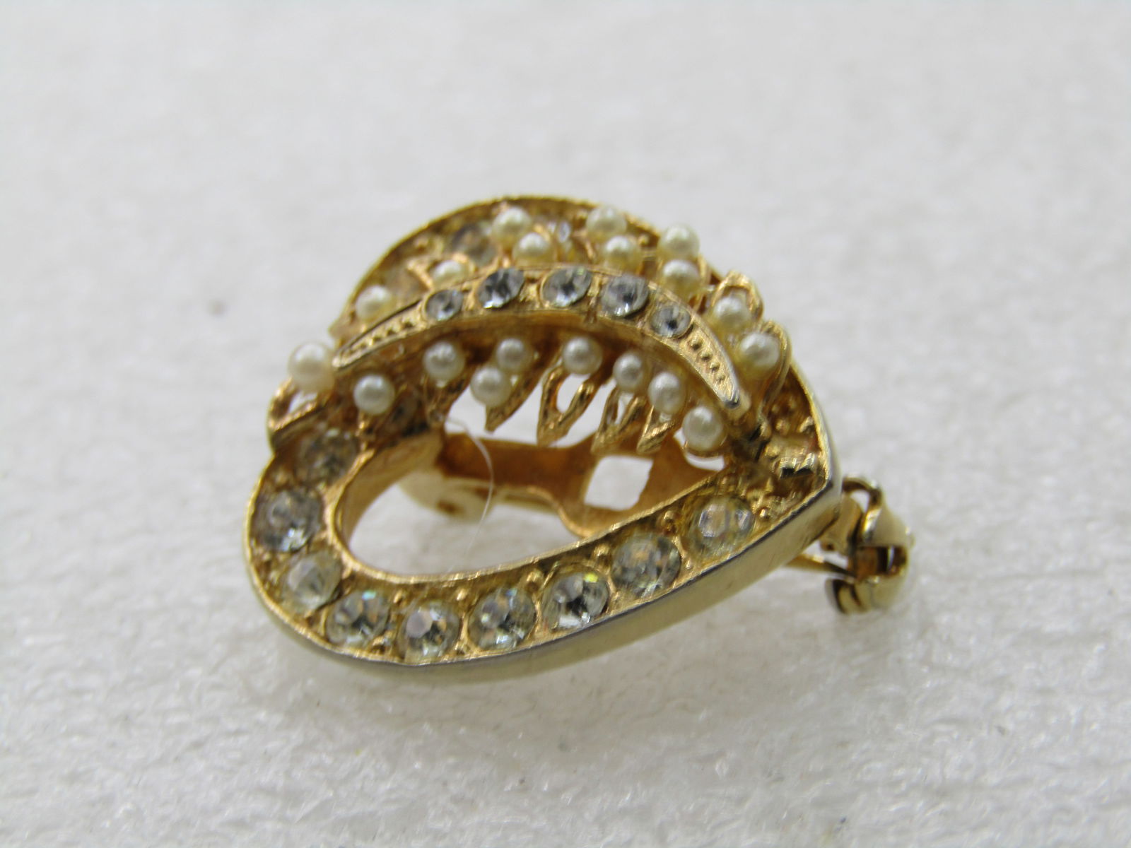 Vintage Rhinestone & Faux Pearl Heart Brooch, 1960's-1970's - 4
