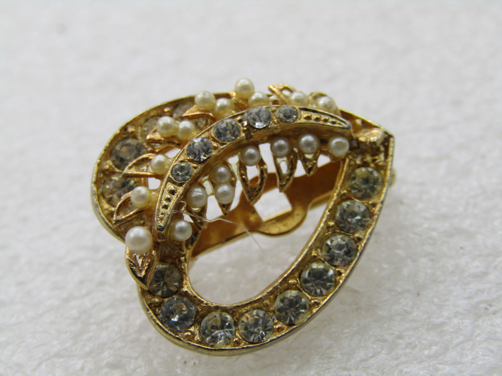 Vintage Rhinestone & Faux Pearl Heart Brooch, 1960's-1970's - 5