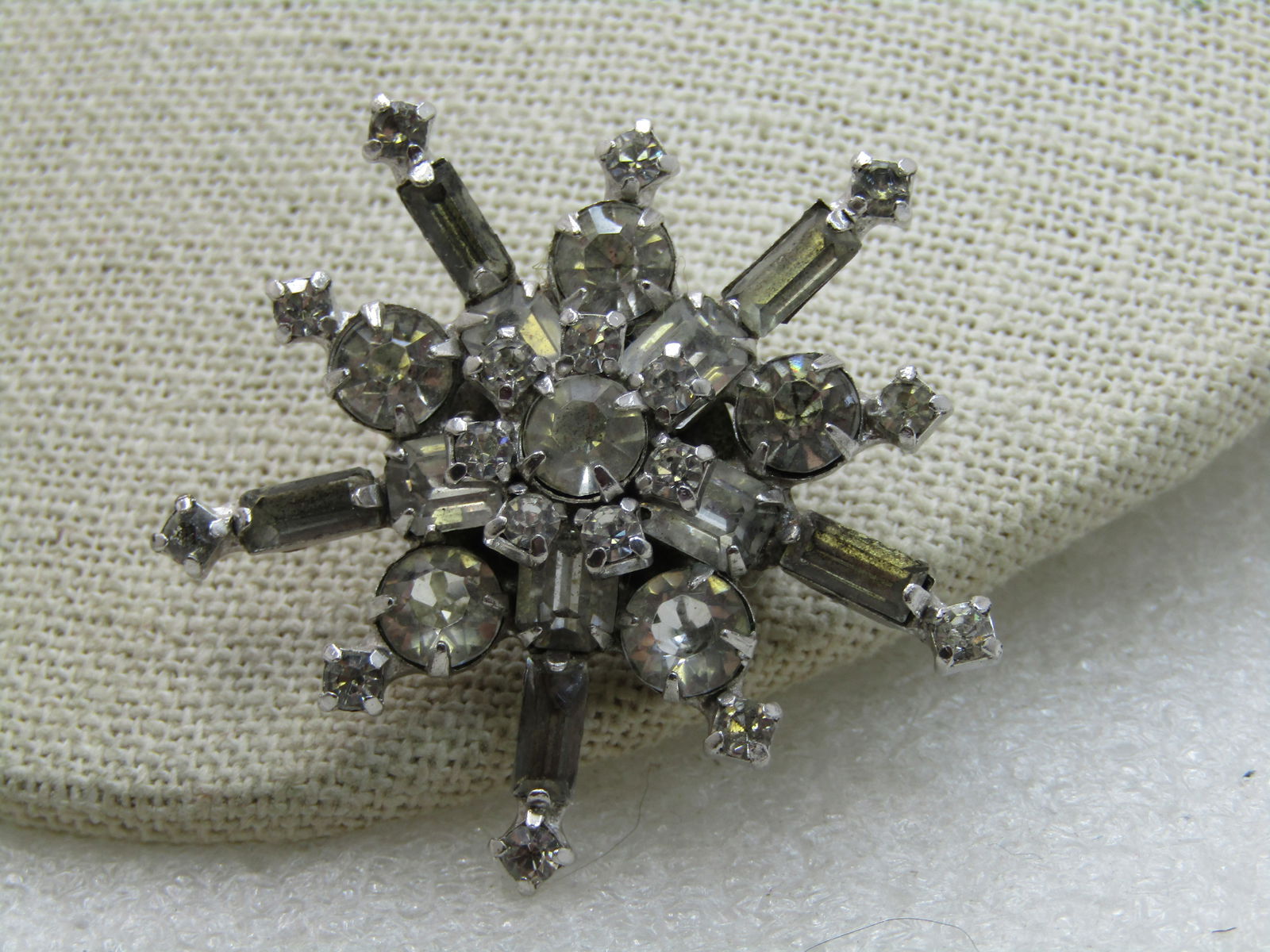 Vintage Clear Rhinestone Snowflake Brooch, 1-3/4", Signed - 3