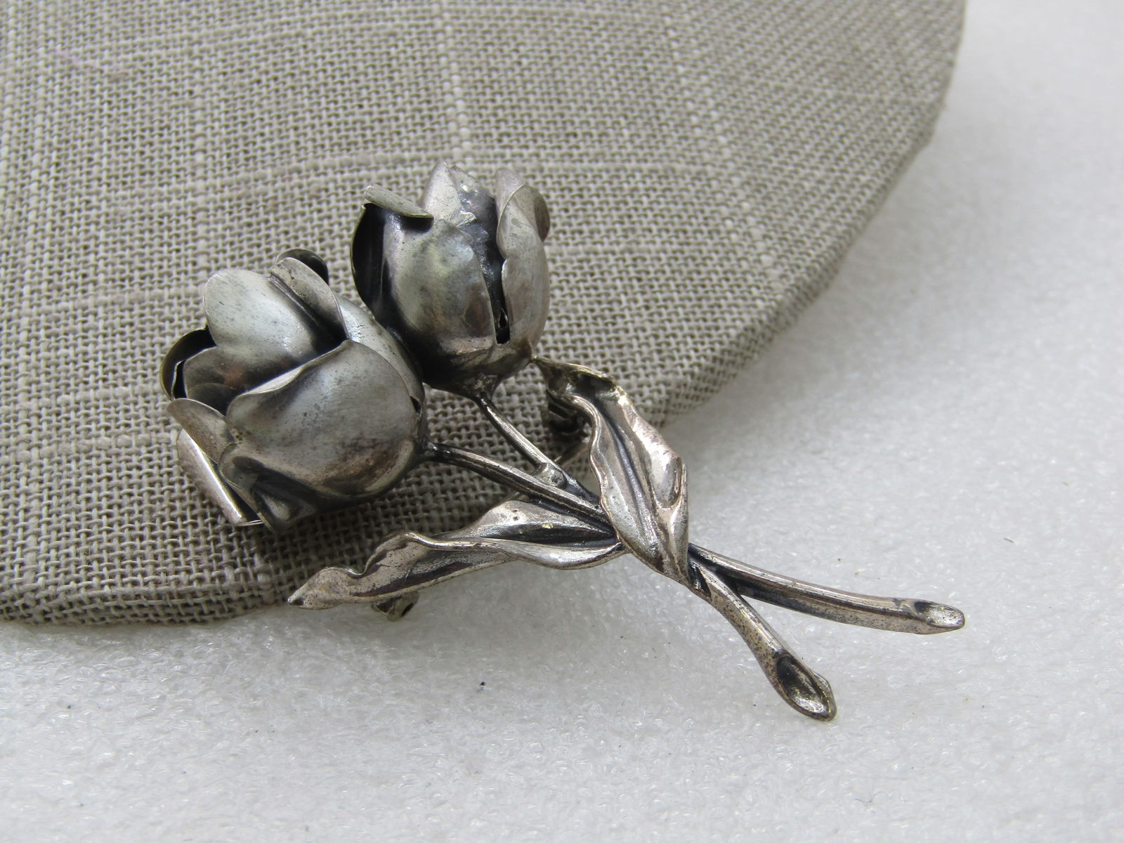 Vintage Sterling Jewel Art Brooch, Double Rose Brooch, 1960's, - 4