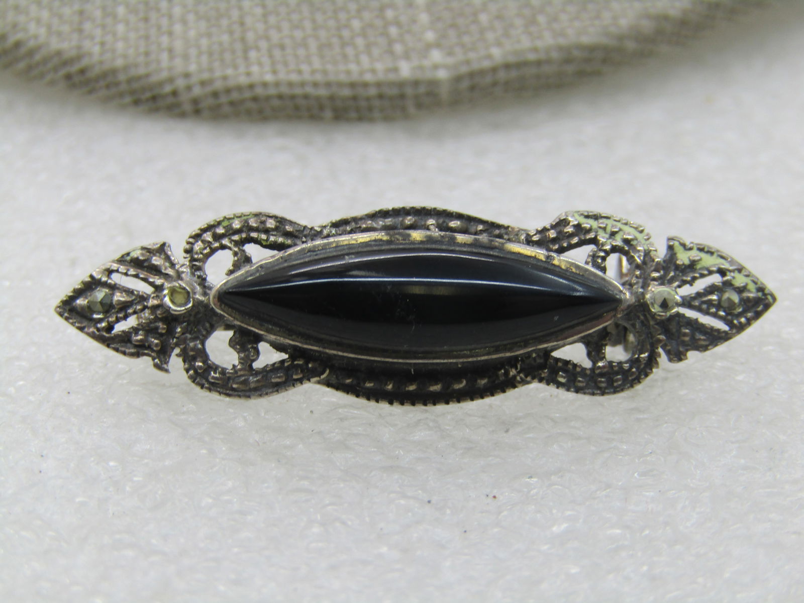 Vintage Sterling Onyx Marcasite Brooch, 1.5" by 1/2" (1 of 6)