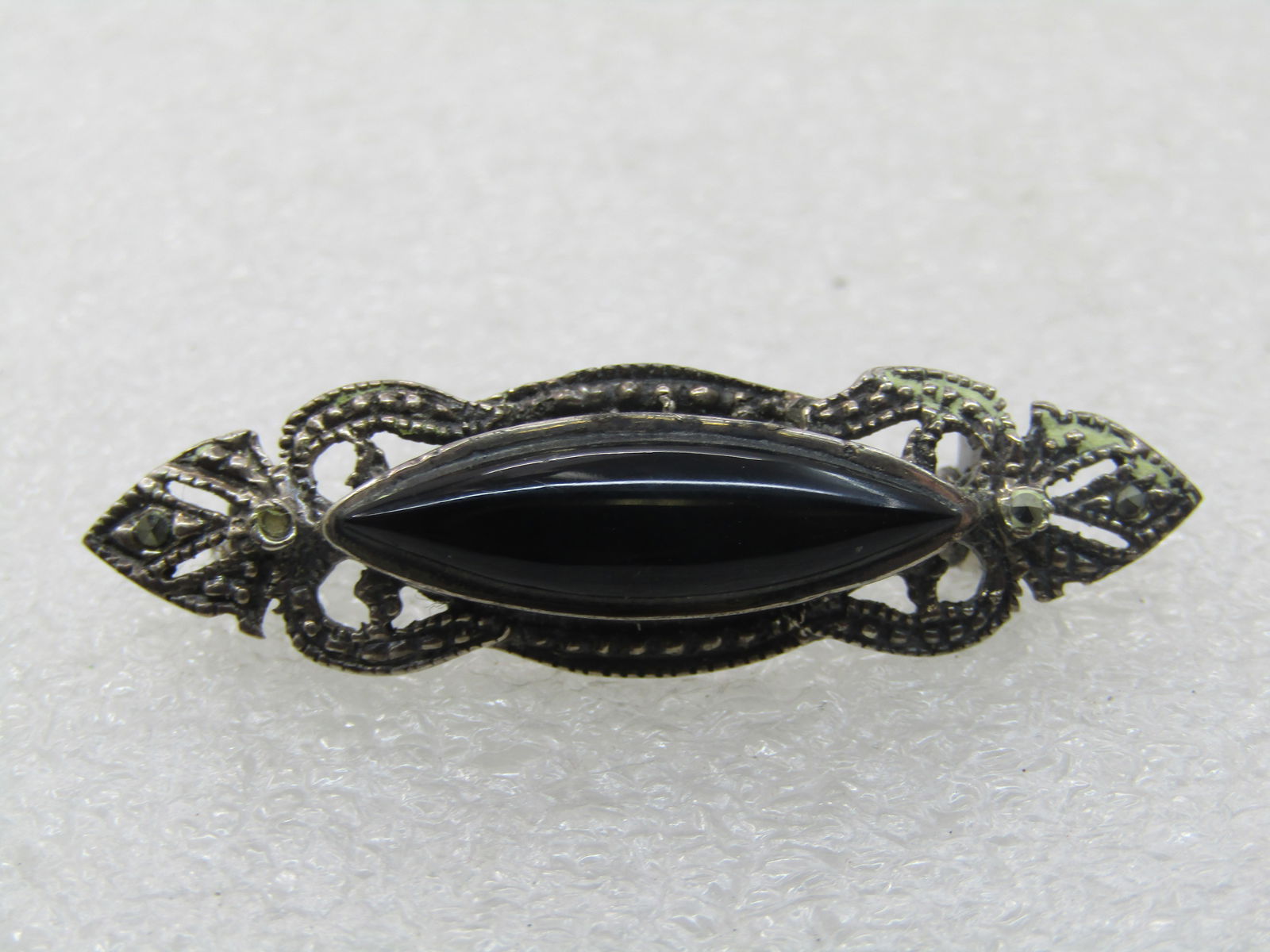 Vintage Sterling Onyx Marcasite Brooch, 1.5" by 1/2" - 2