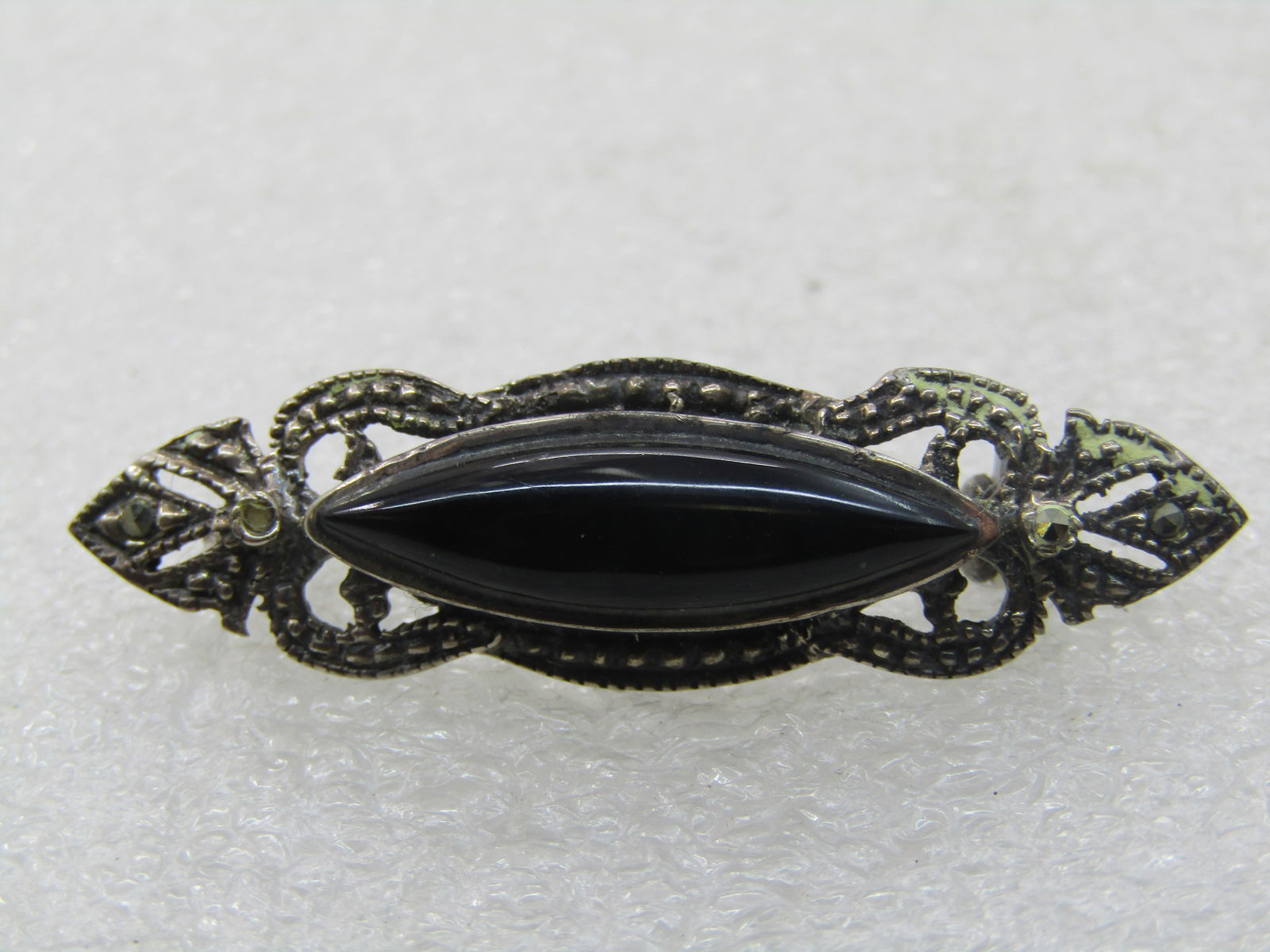 Vintage Sterling Onyx Marcasite Brooch, 1.5" by 1/2" - 3