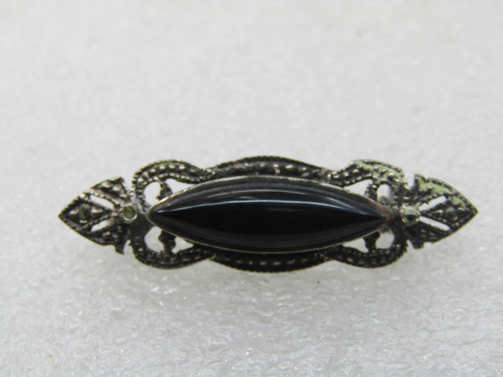 Vintage Sterling Onyx Marcasite Brooch, 1.5" by 1/2" - 6