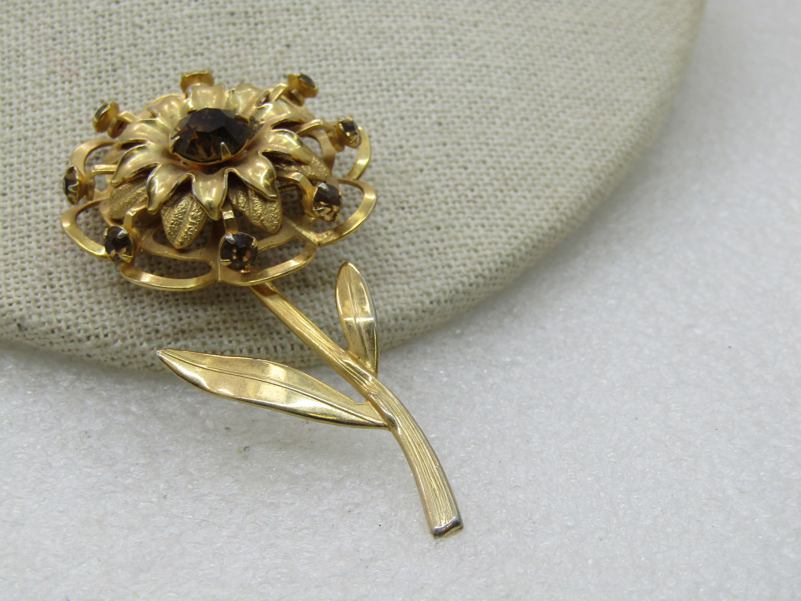 Vintage Brown Rhinestone Floral Brooch with Stem, 1950's-1960's - 3