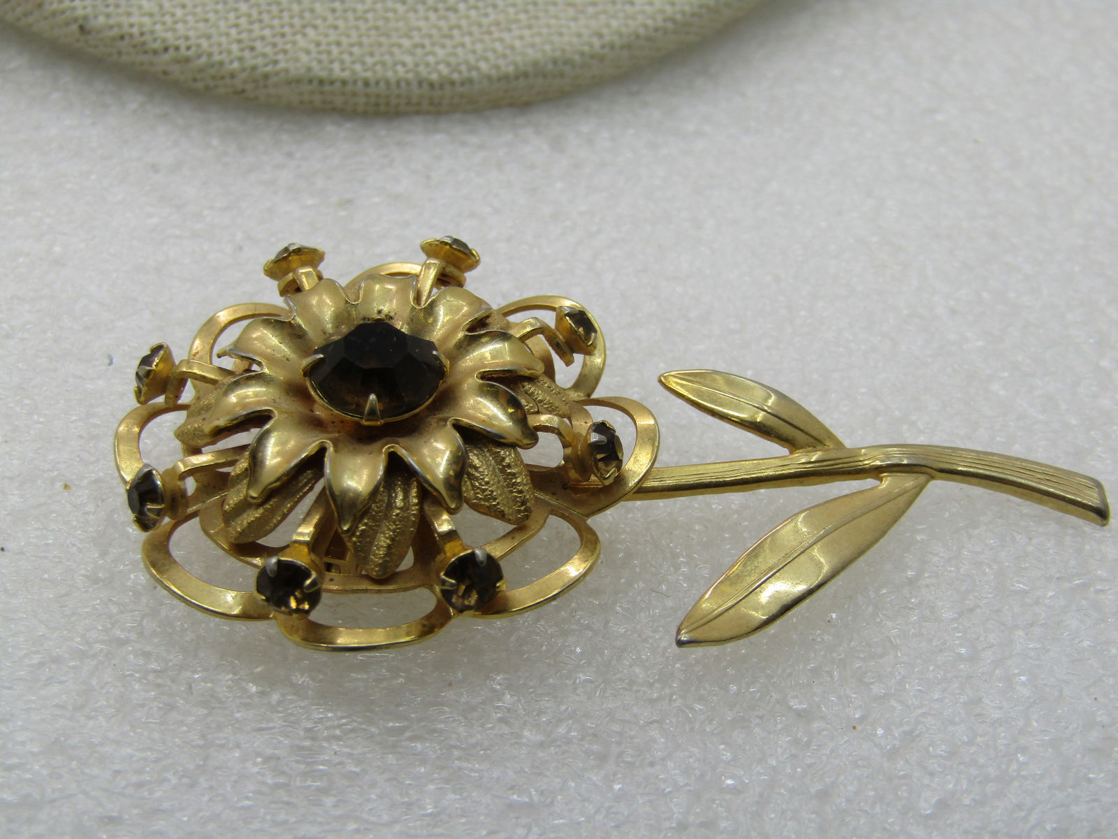 Vintage Brown Rhinestone Floral Brooch with Stem, 1950's-1960's - 4
