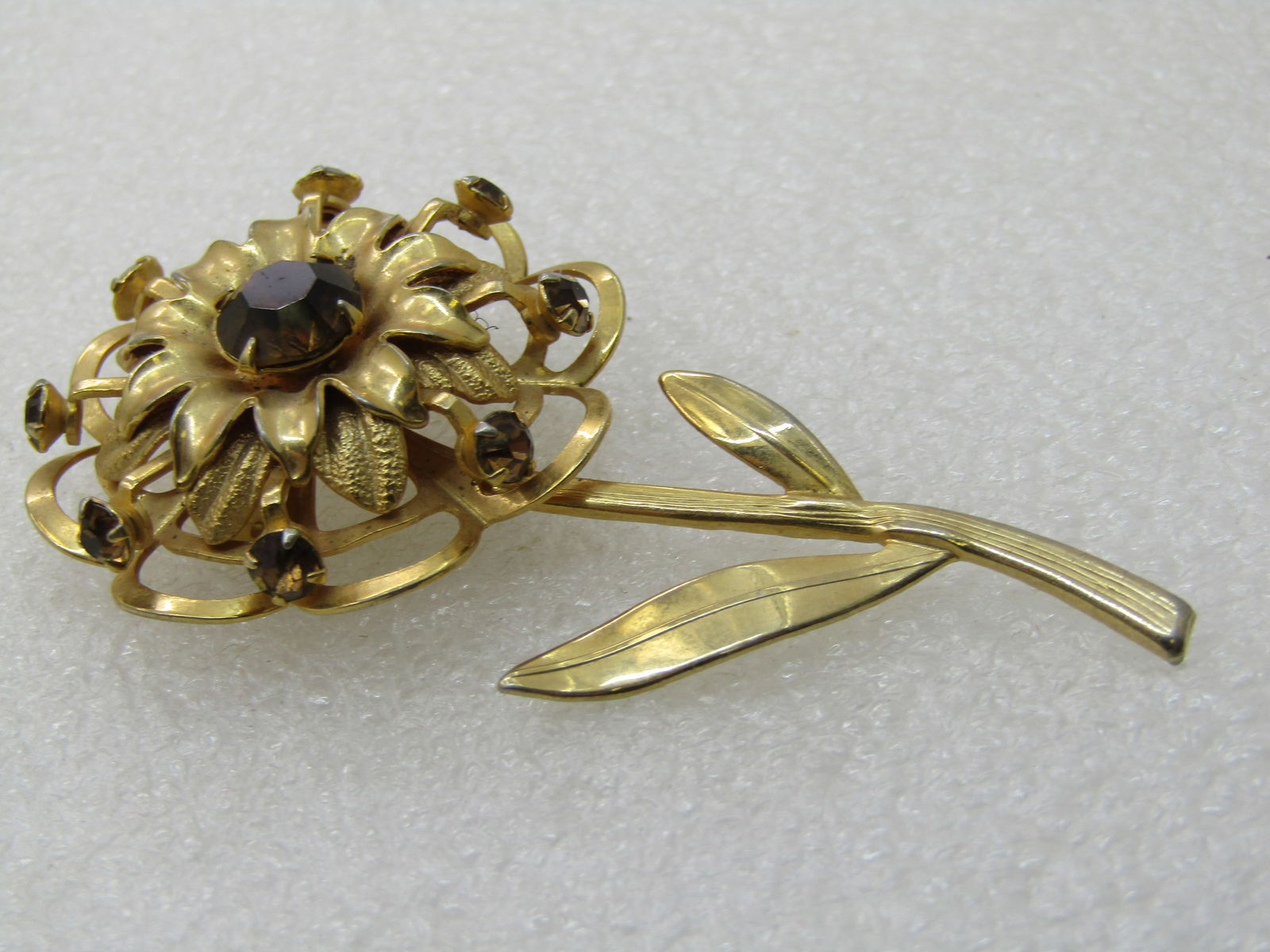 Vintage Brown Rhinestone Floral Brooch with Stem, 1950's-1960's - 6