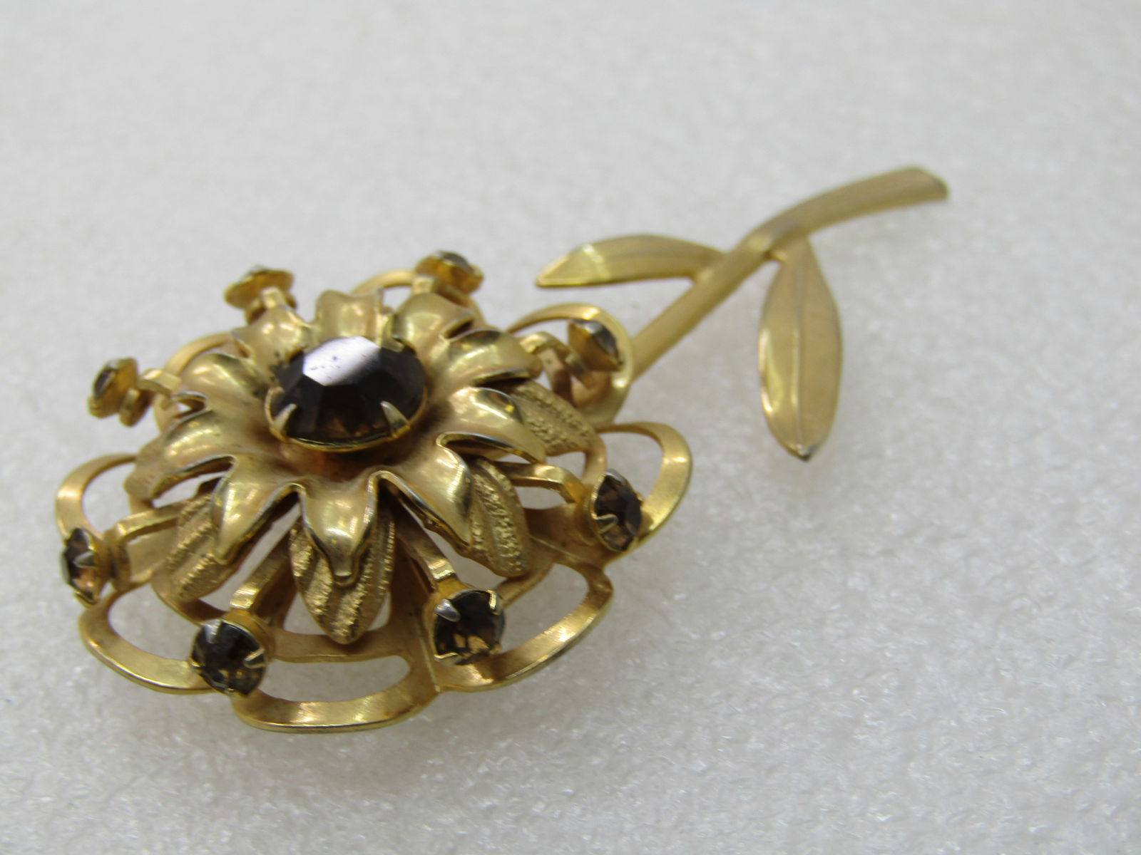 Vintage Brown Rhinestone Floral Brooch with Stem, 1950's-1960's - 7