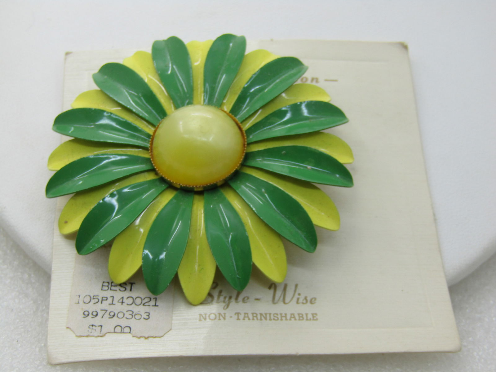 Vintage Enameled Brooch, 1960's, Green & Yellow, Moonglow, Original Card: Vintage Style Brooch, 1960's, Green & Yellow, Moonglow, Original Card, 2.5" across. The center is a yellow lucite moonglow cabochon that is appx. 18mm across, domed with a saw tooth like frame and cur