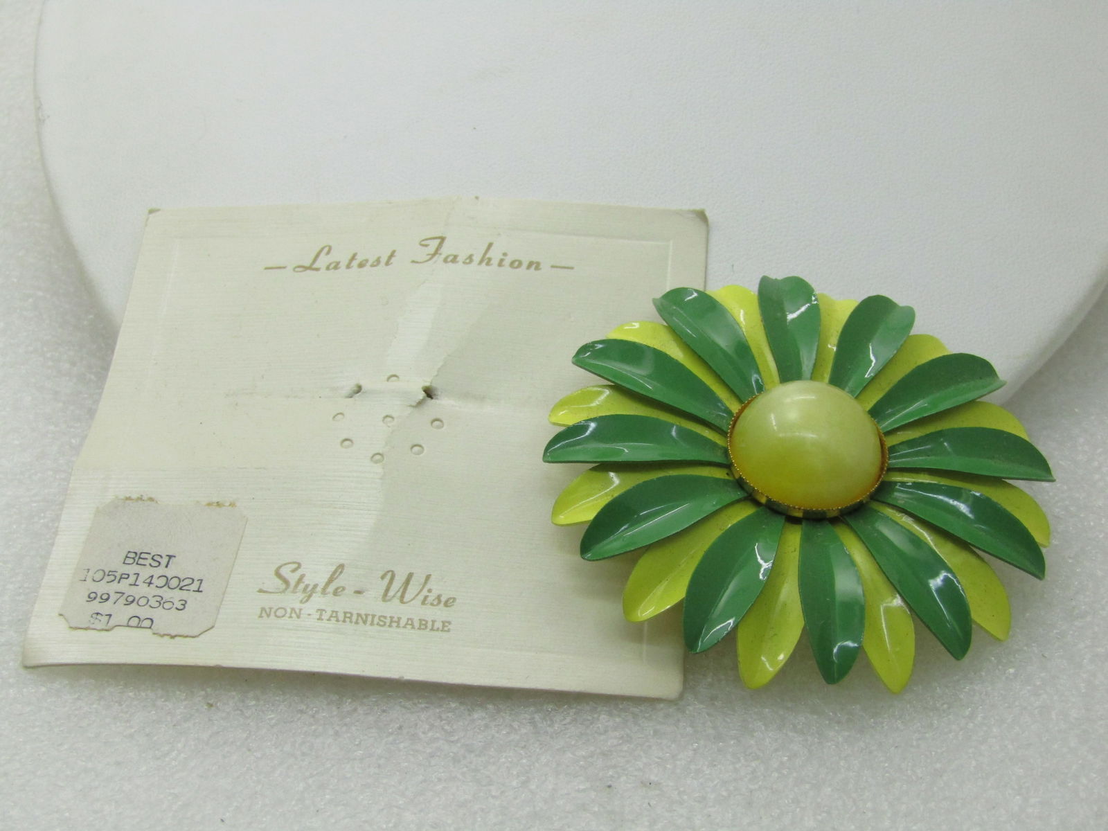 Vintage Enameled Brooch, 1960's, Green & Yellow, Moonglow, Original Card - 2
