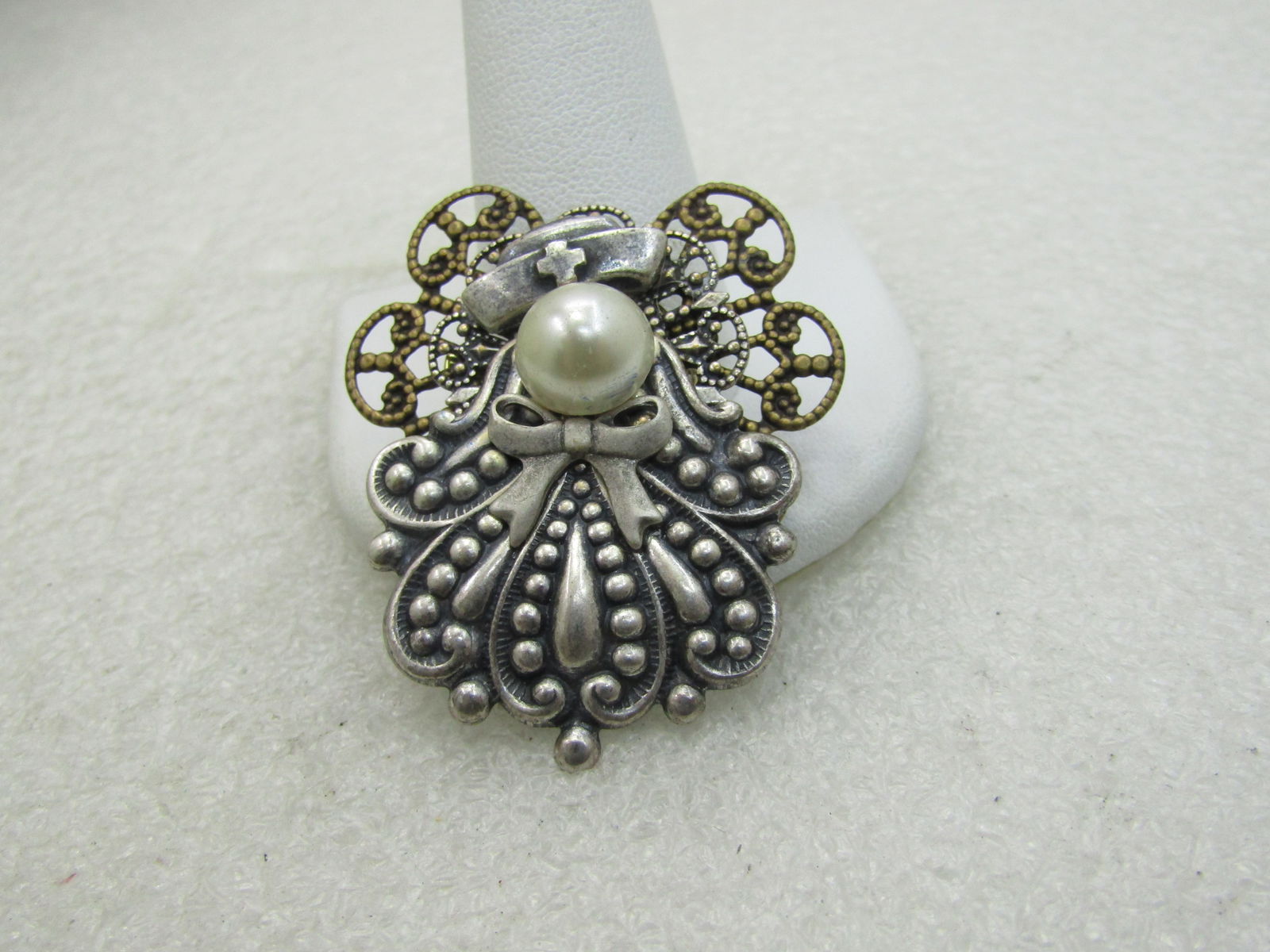 Two-Tone Angel Nurse Brooch, with Faux Pearl, 1.75" - 2