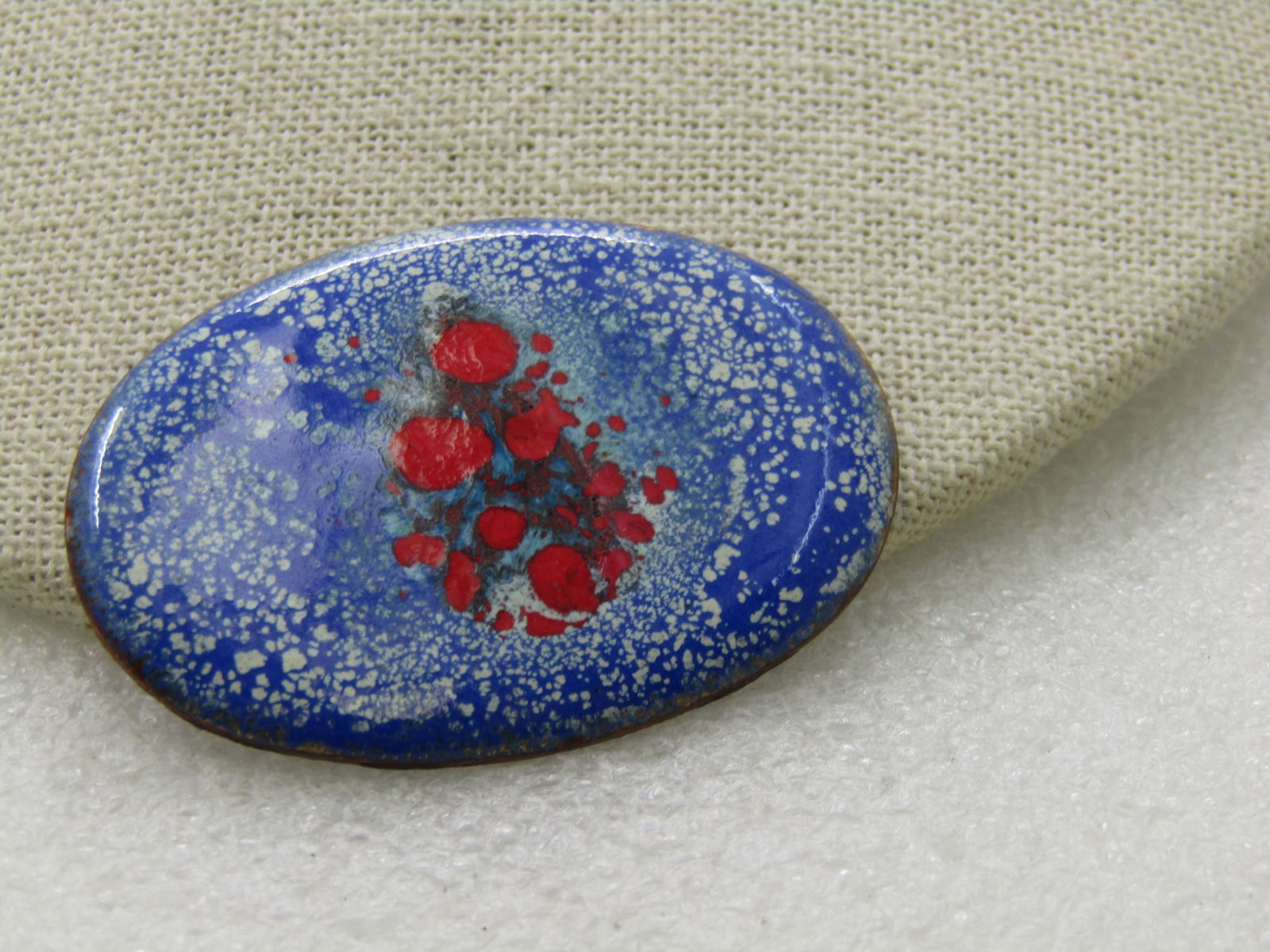Vintage Enameled Over Copper Brooch, Red, White, Blue, 2" - 2