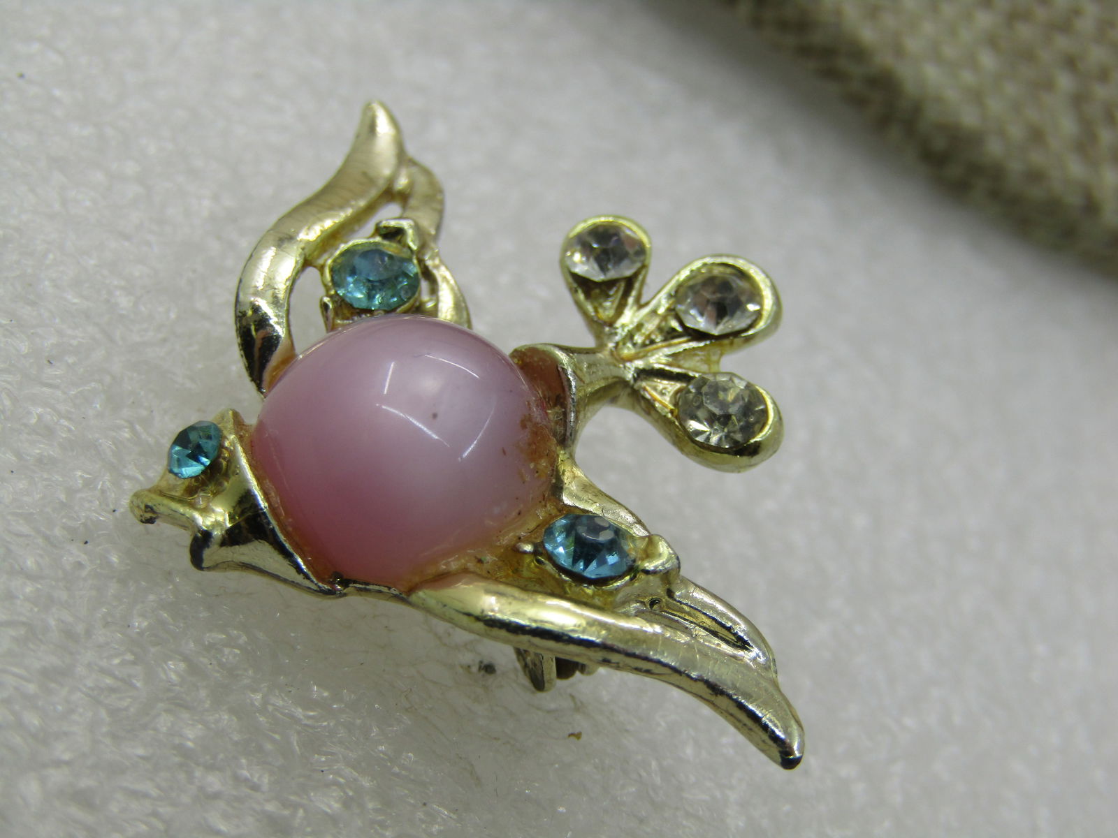 Vintage Pink Faux Moonstone & Rhinestone Bird Brooch, 1960's, 1.5" - 2