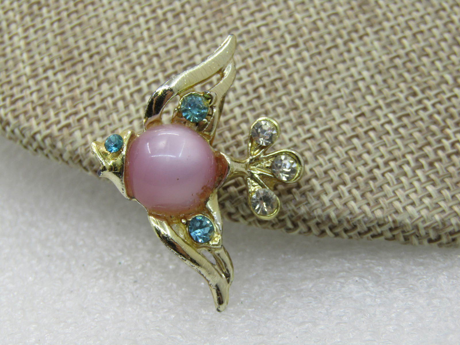 Vintage Pink Faux Moonstone & Rhinestone Bird Brooch, 1960's, 1.5" - 4