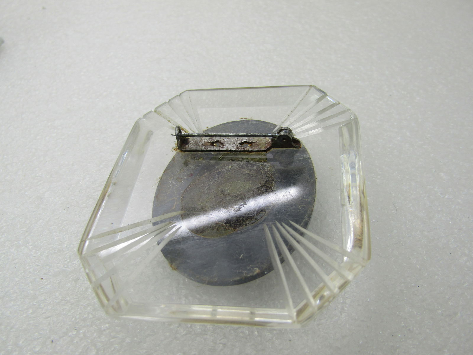 Vintage 1940's Clear Lucite & Black Cameo Brooch, Reverse Carved Frame, 2.5" - 5