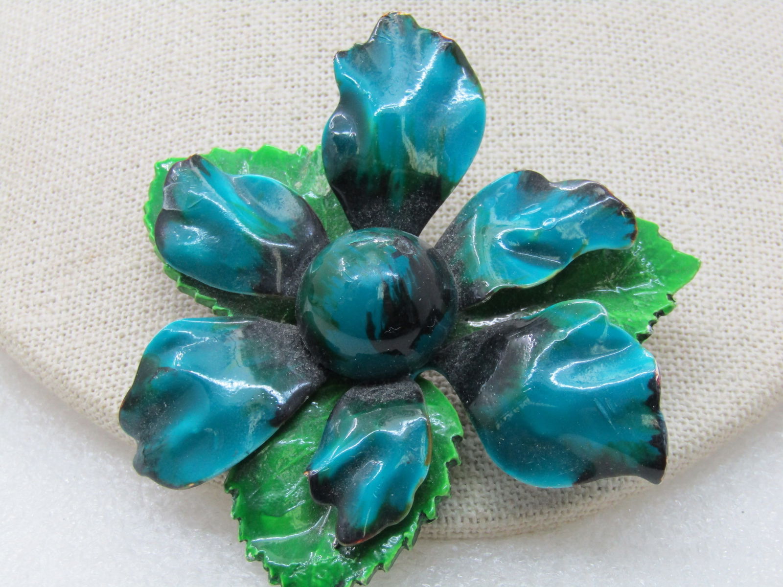 Vintage Blue Green Enameled Floral Brooch , 1960's, 2.75" - 2