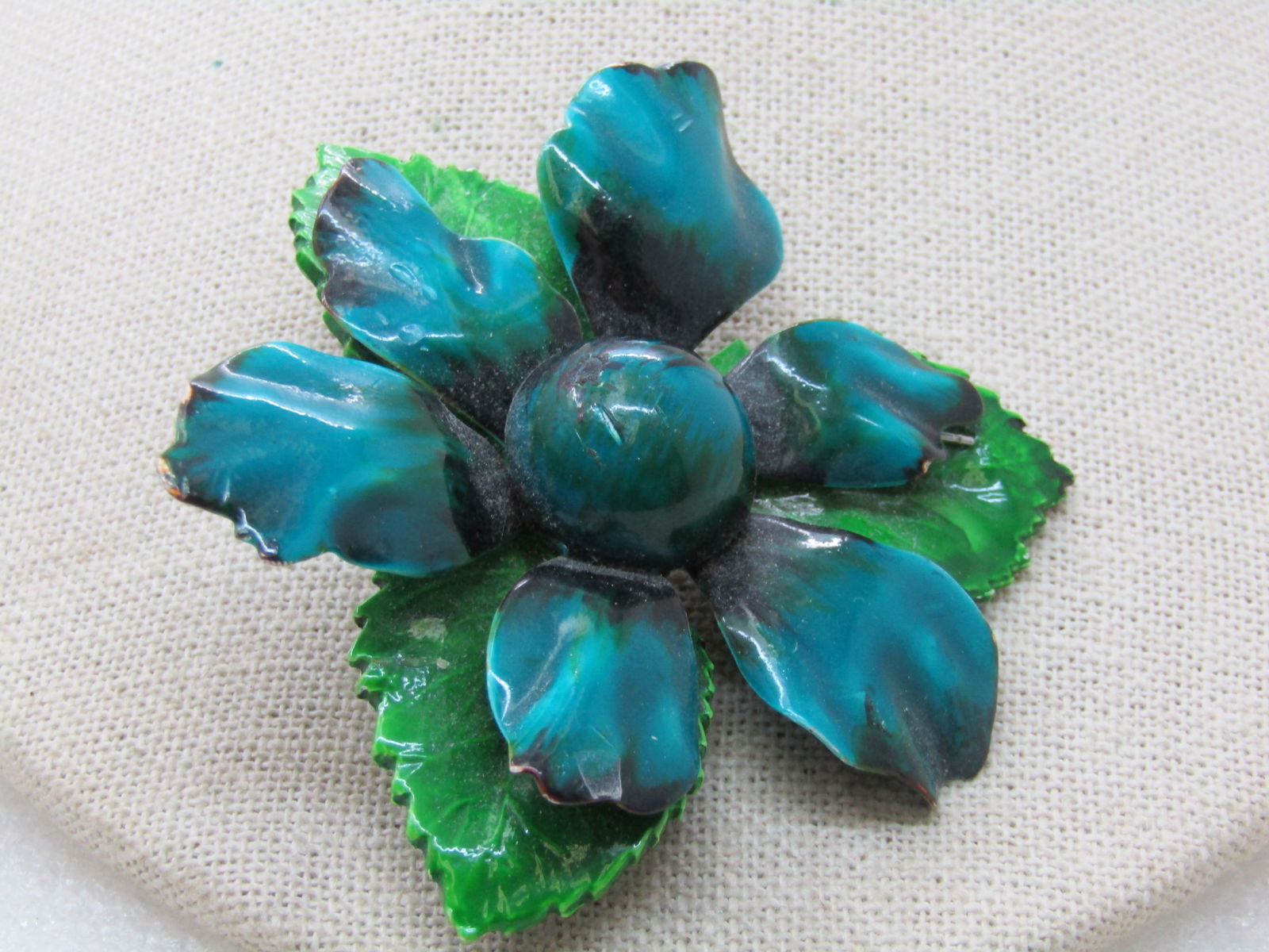 Vintage Blue Green Enameled Floral Brooch , 1960's, 2.75" - 4