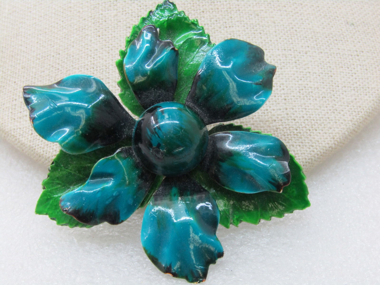 Vintage Blue Green Enameled Floral Brooch , 1960's, 2.75" - 5