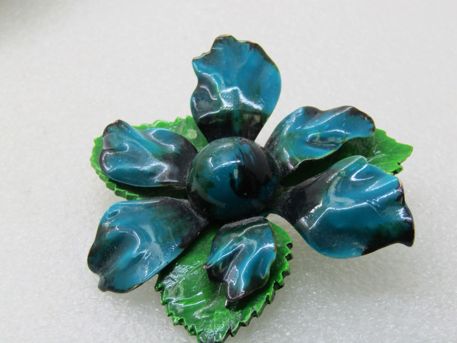 Vintage Blue Green Enameled Floral Brooch , 1960's, 2.75" - 6