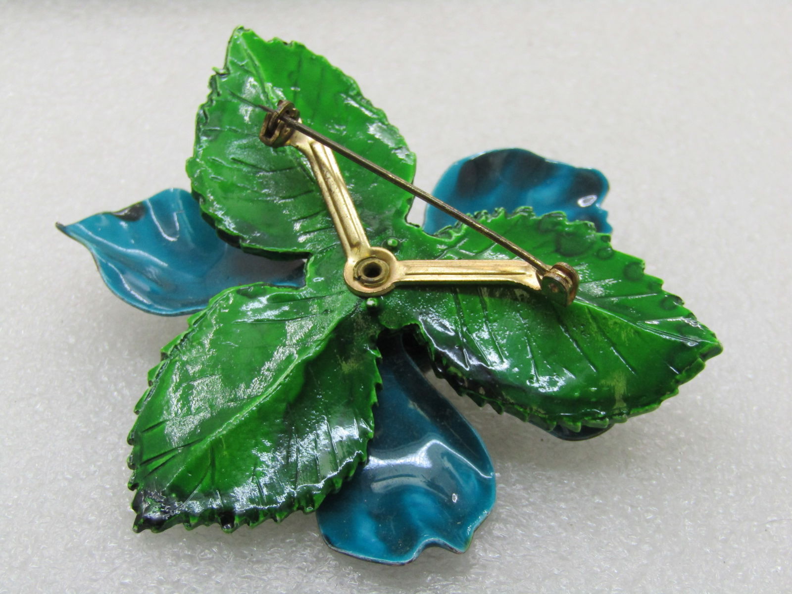 Vintage Blue Green Enameled Floral Brooch , 1960's, 2.75" - 7