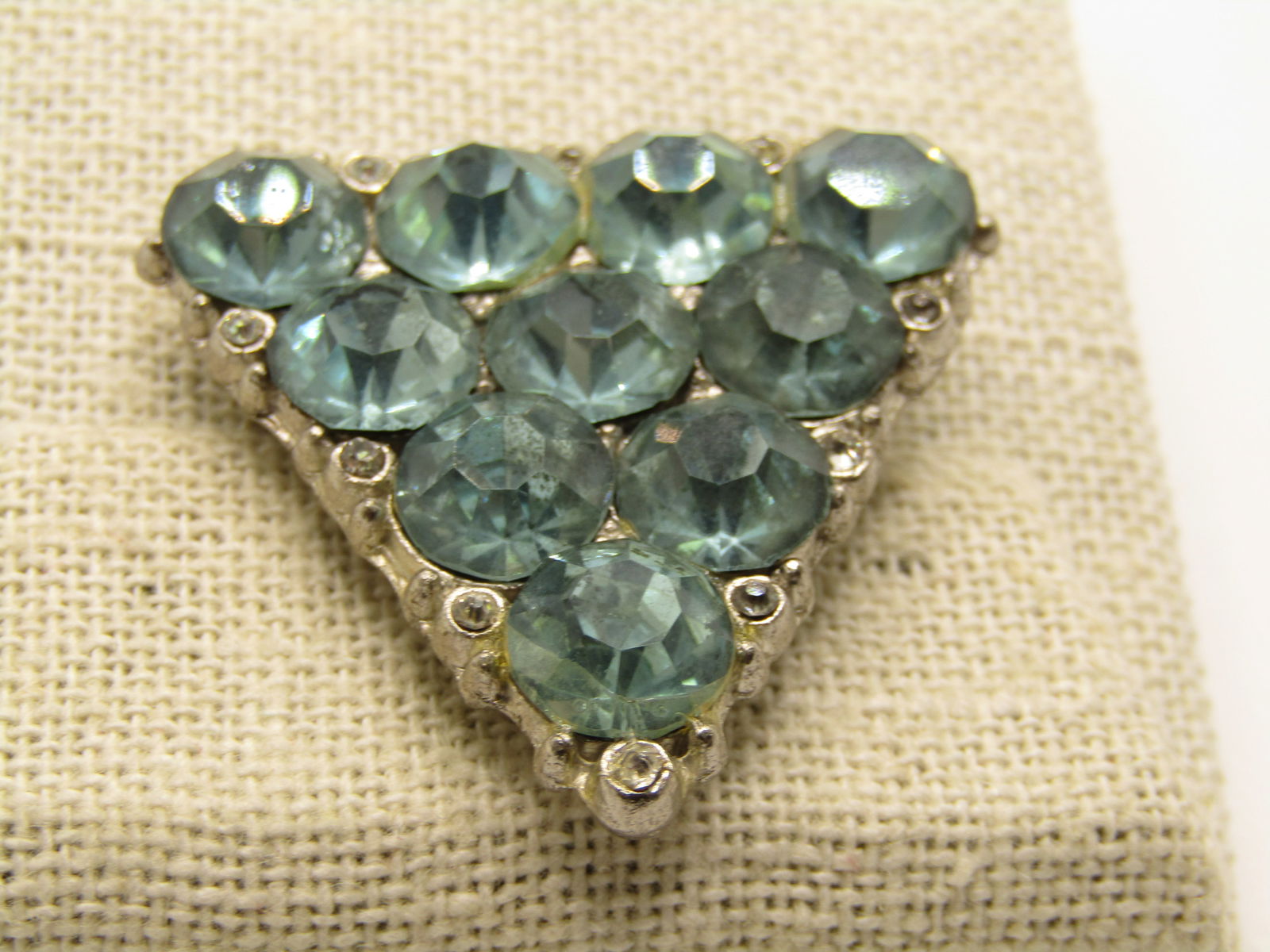 Vintage 1920's Blue & Clear Rhinestone Brooch, Triangular, 1.5" - 2
