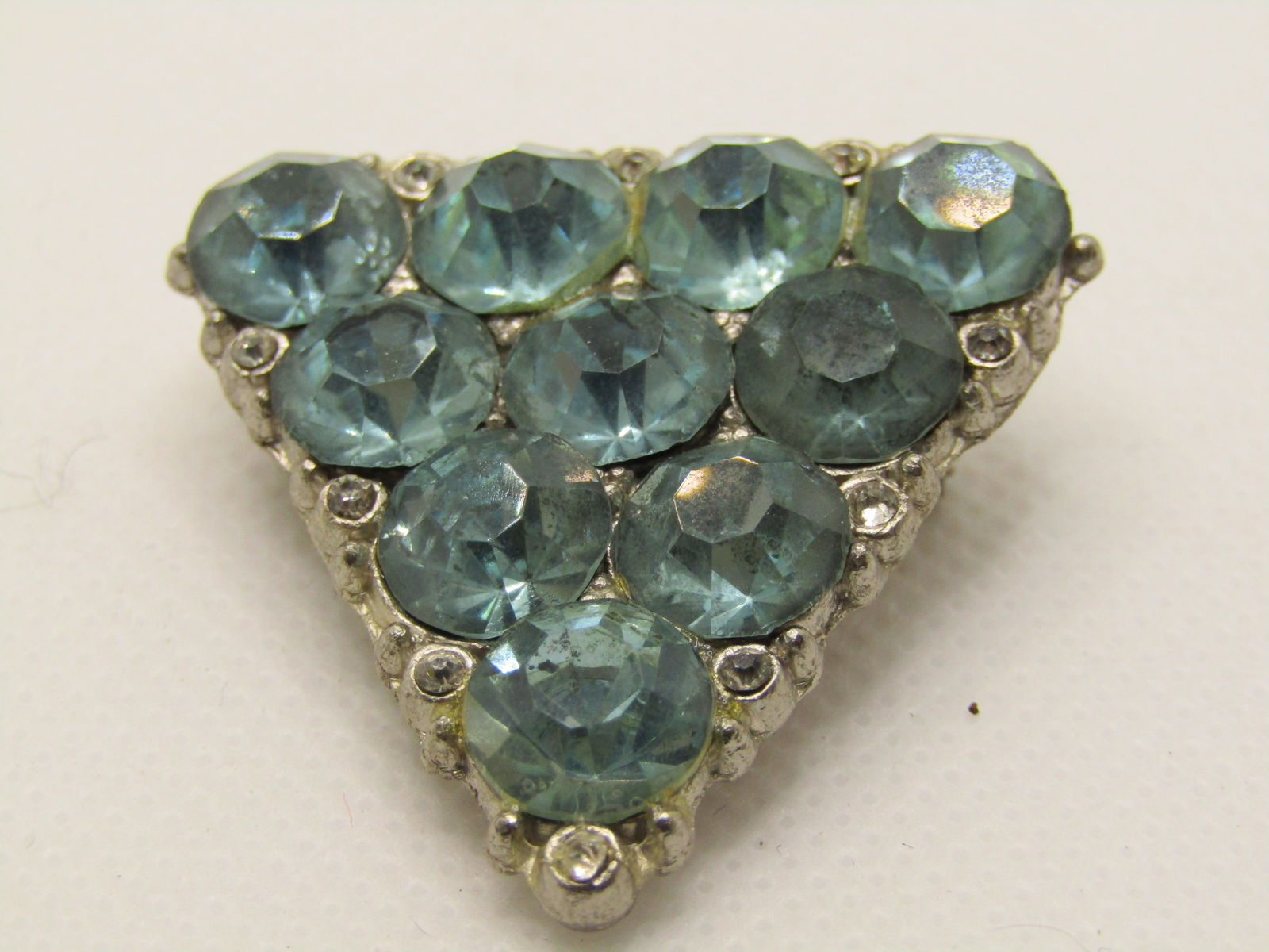Vintage 1920's Blue & Clear Rhinestone Brooch, Triangular, 1.5" - 5