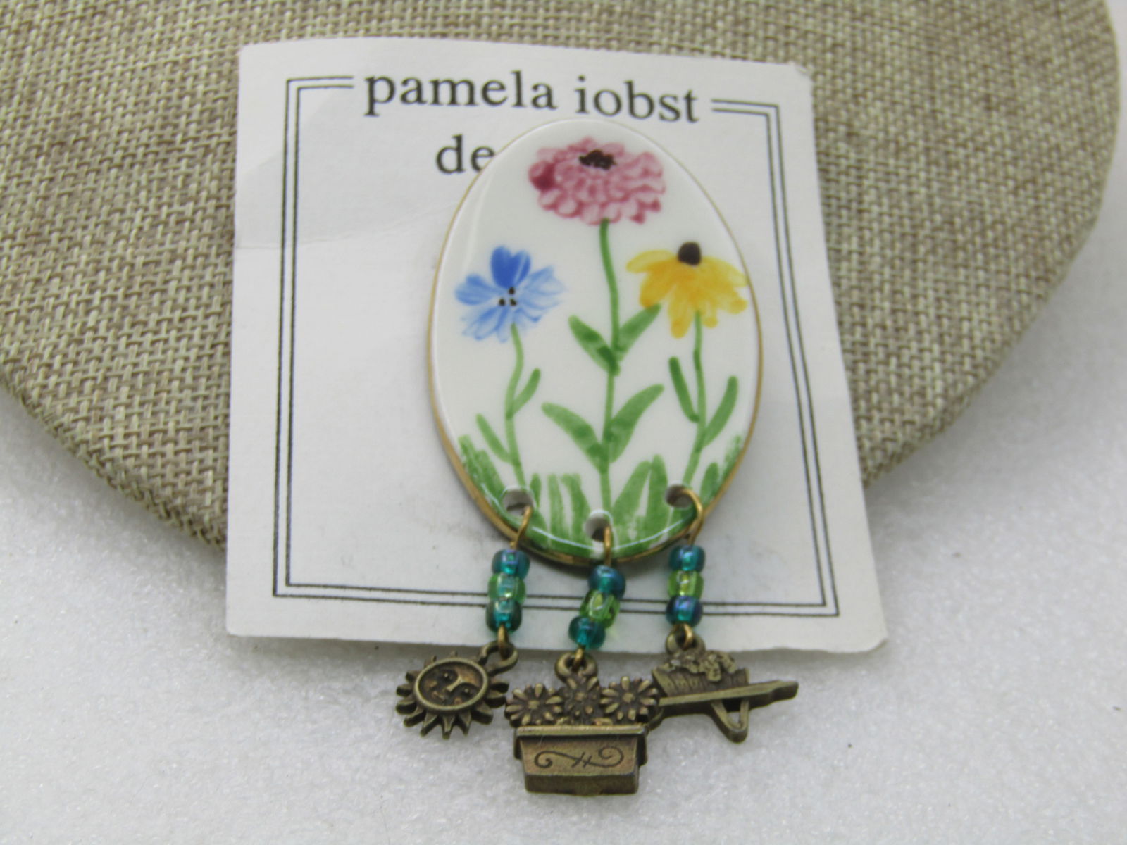 Vintage Porcelain Painted Floral Brooch with Dangles, signed Pamela Iobst Designs - 2